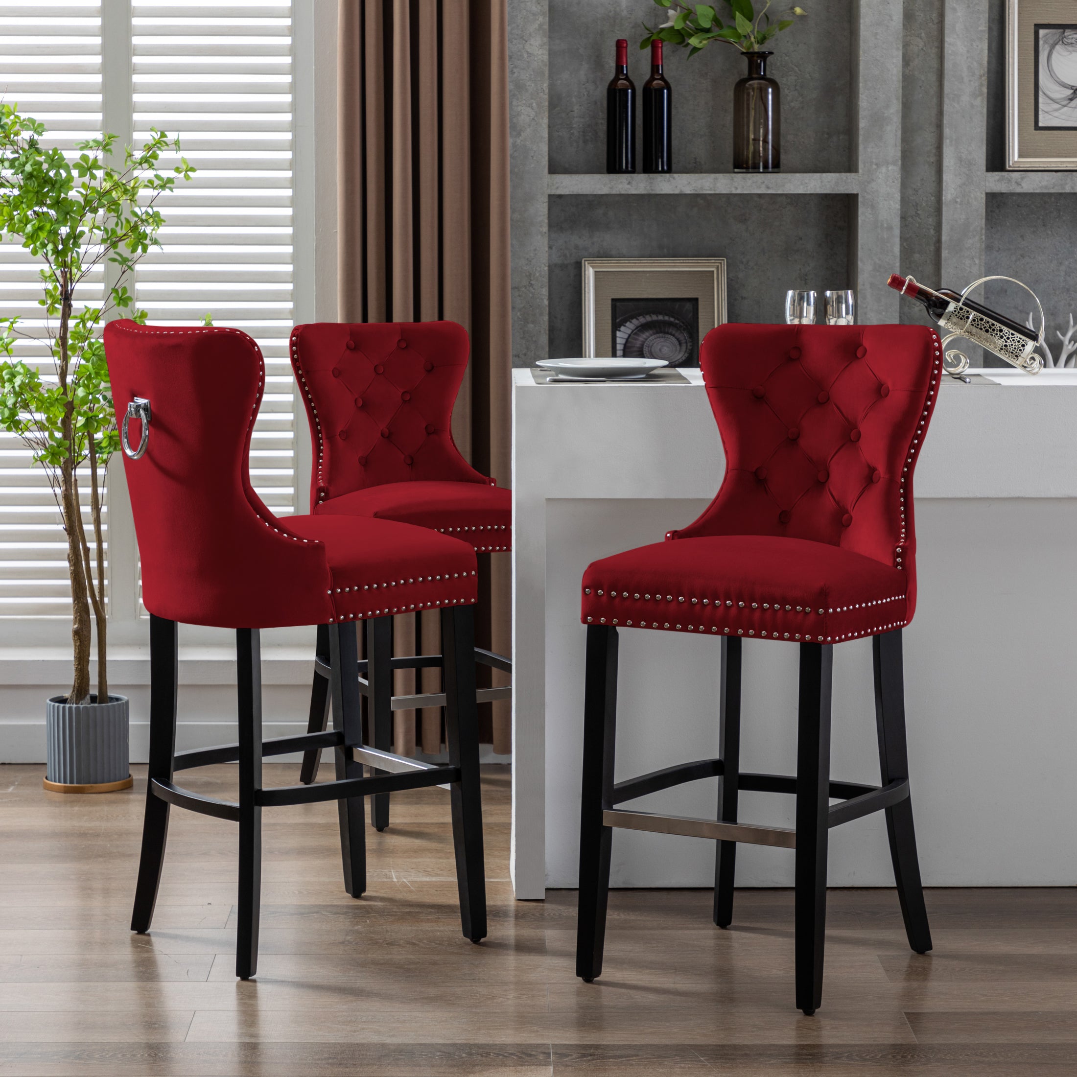 Hank 29" Tufted Velvet Bar Stool (Set of 3), Antique Gray