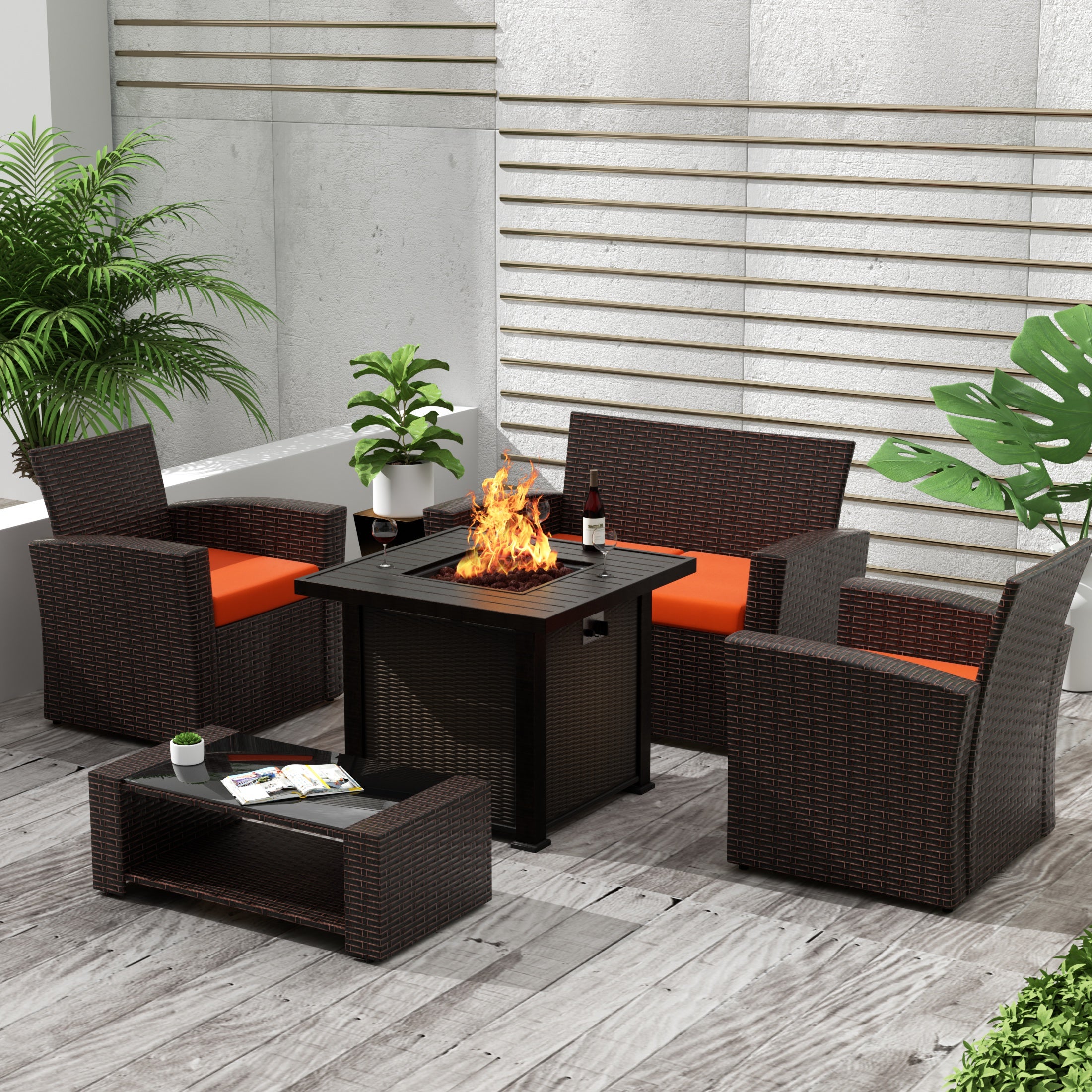 Wynston 4-Piece Conversation Outdoor Patio Sofa Set with Square Fire Pit Table, Chocolate
