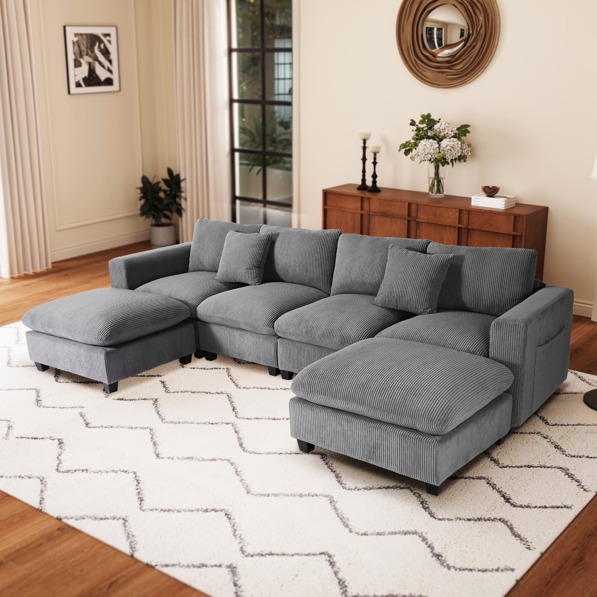 Ava 128" Corduroy Modular U-Shaped Sectional Couch and Chaise With USB/Type-C Ports and Side Pockets