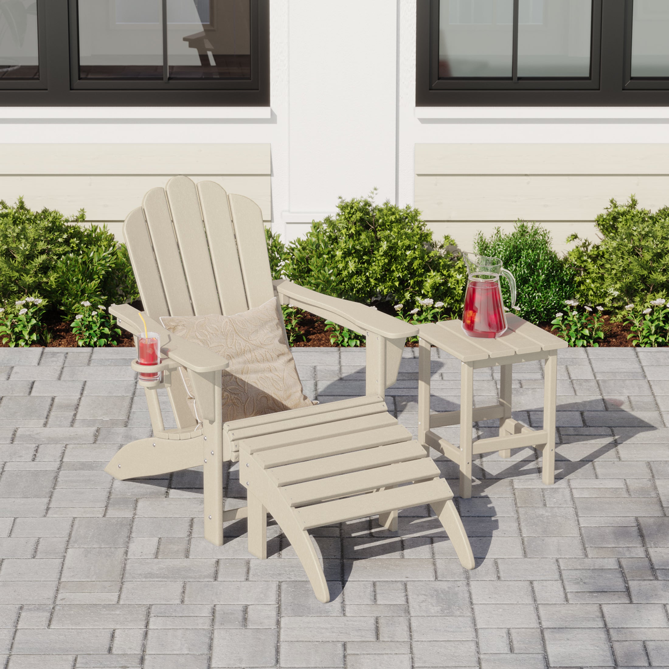 Lakeview 3-Piece Adirondack Chair with Cup Holder and Folding Ottoman and Table Set