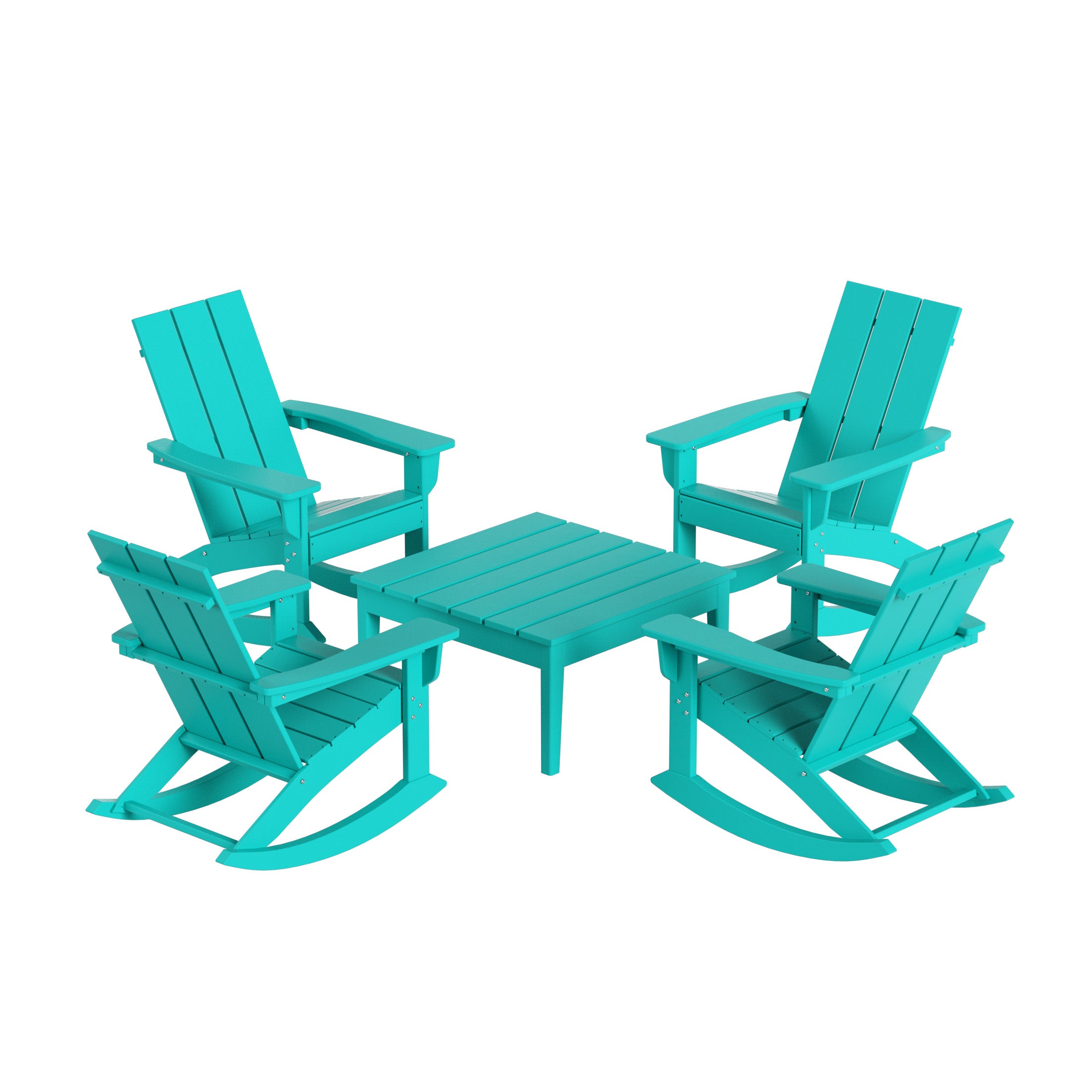 Palms 5-Piece Set Modern Plastic Outdoor Rocking Chairs with Square Side Table
