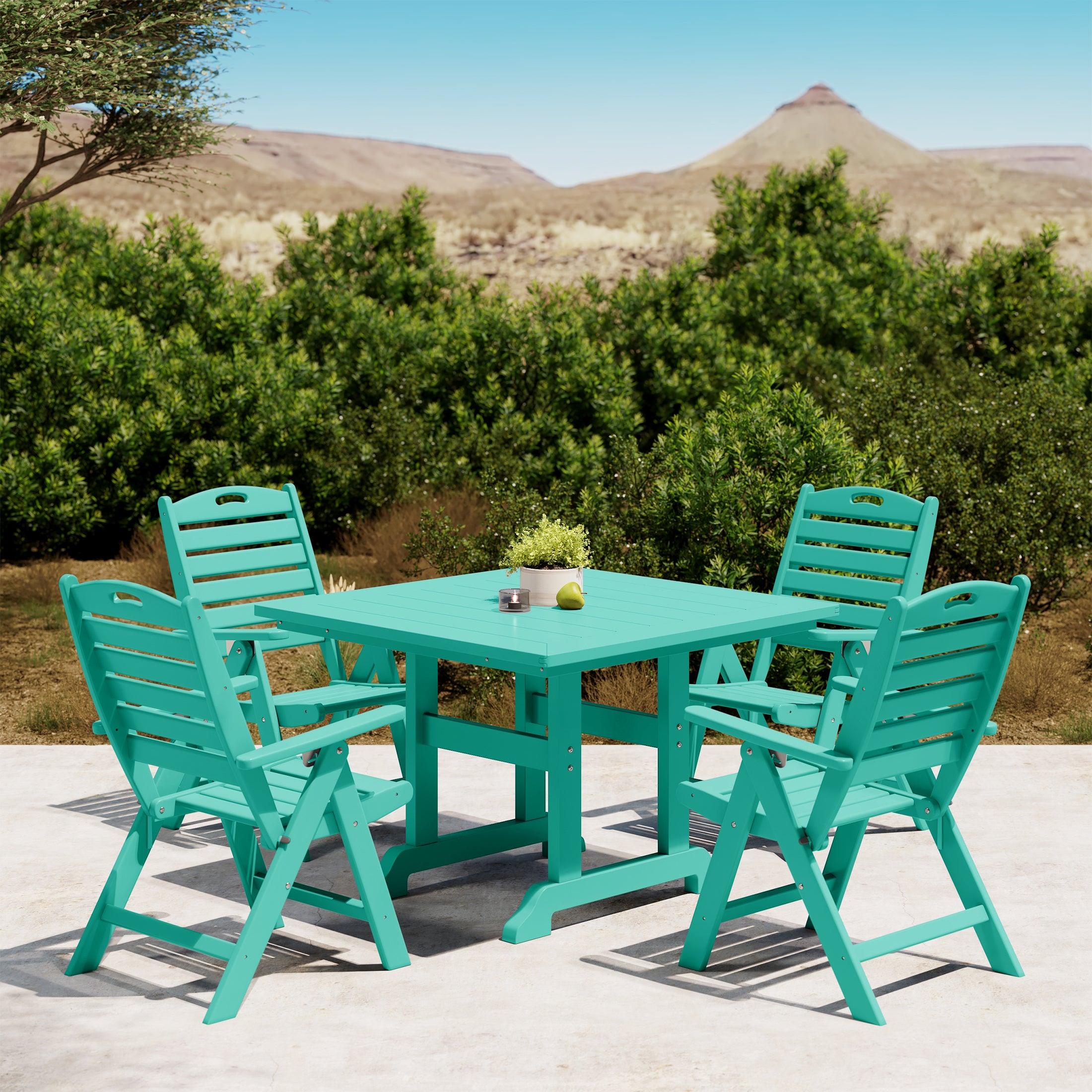 Paradise 5-Piece HDPE Square Patio Dining Table Set with Foldable Chairs