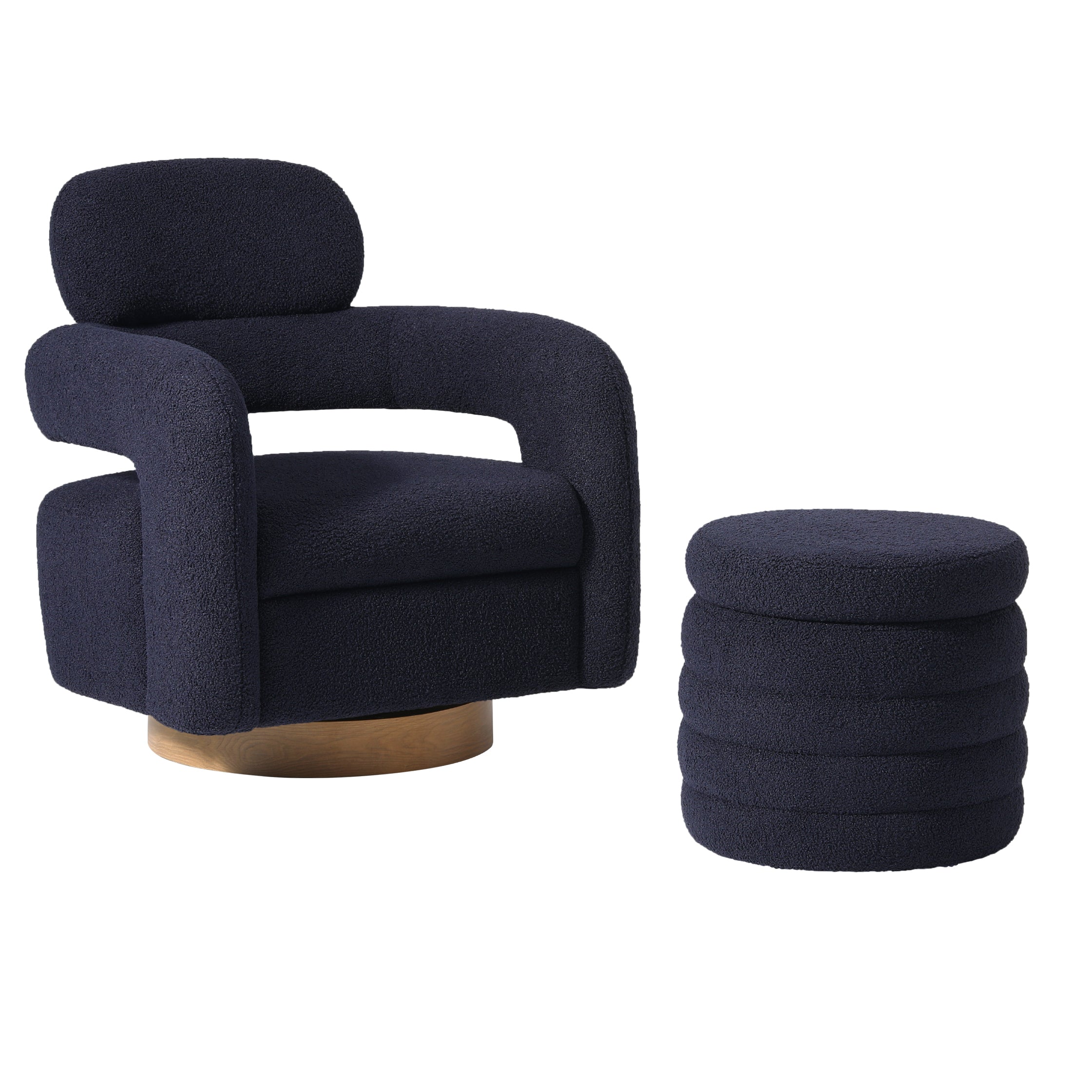 Celine Mid-Century Modern Sherpa Swivel Barrel Accent Chair With Storage Ottoman