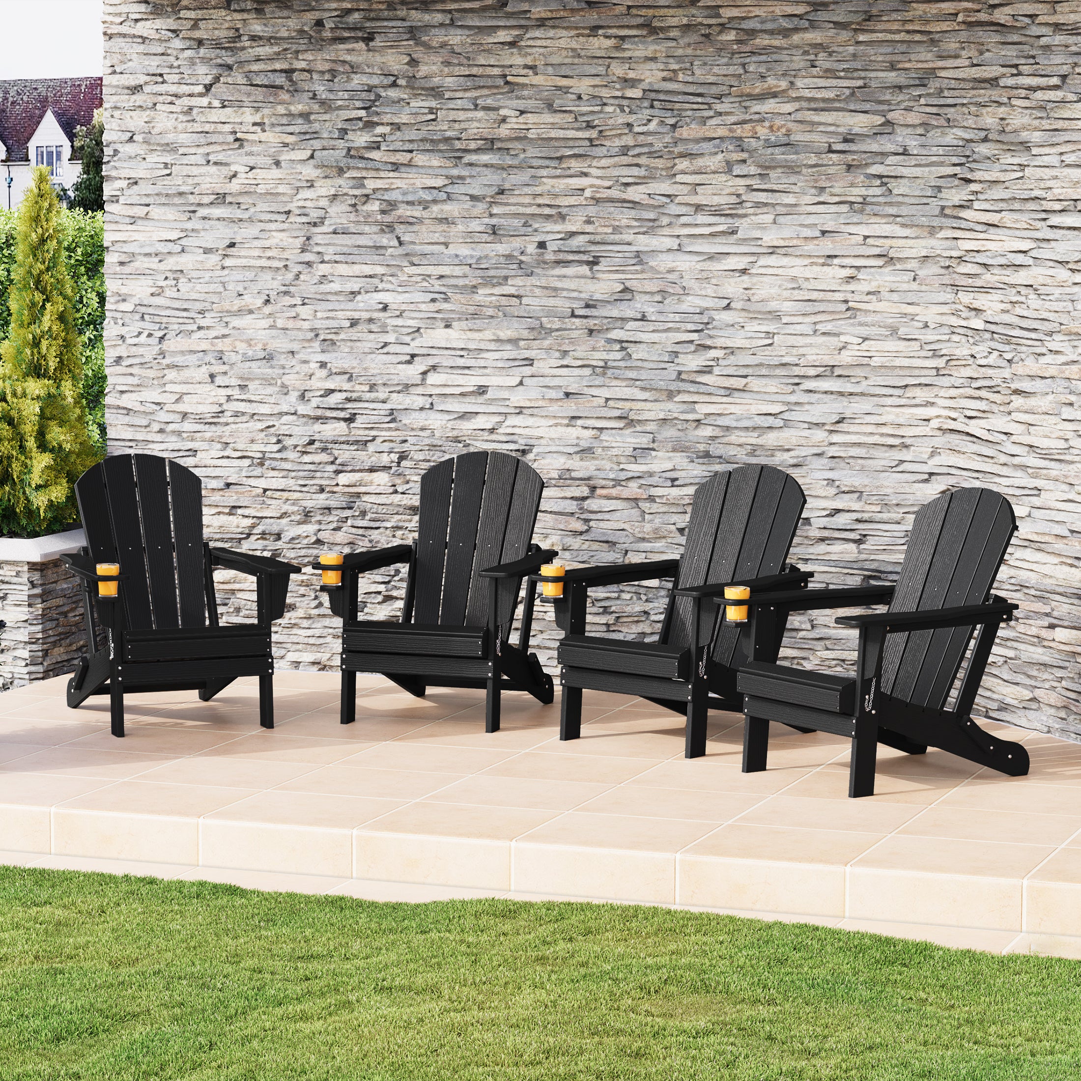Rockport Outdoor Patio HDPE Resin Folding Adirondack Chairs With Cup Holder and Phone Holder (Set of Four)