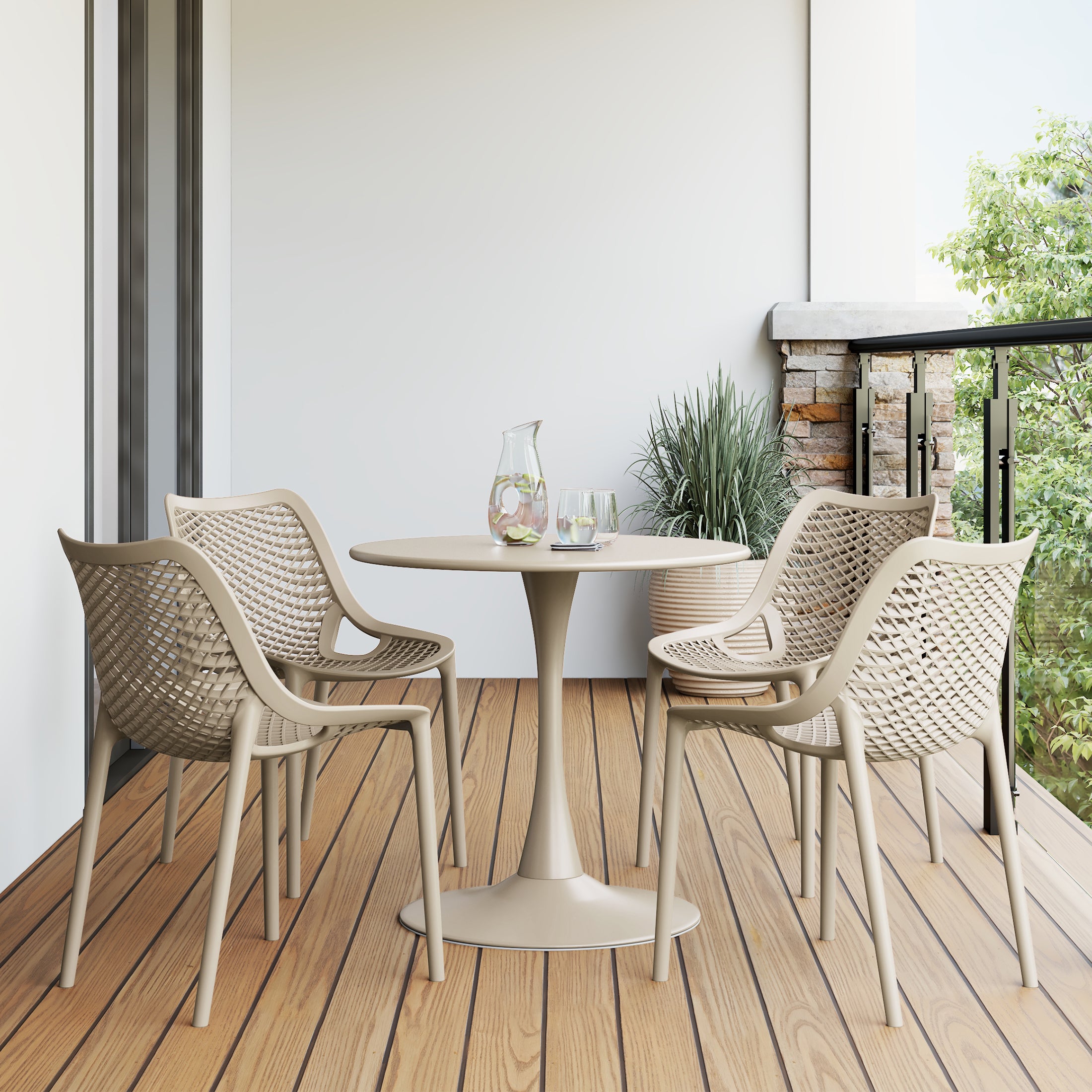 Sunshine 5-Piece Outdoor Indoor Round Metal Dining Table Set And Stackable Resin Patio Dining Side Chairs