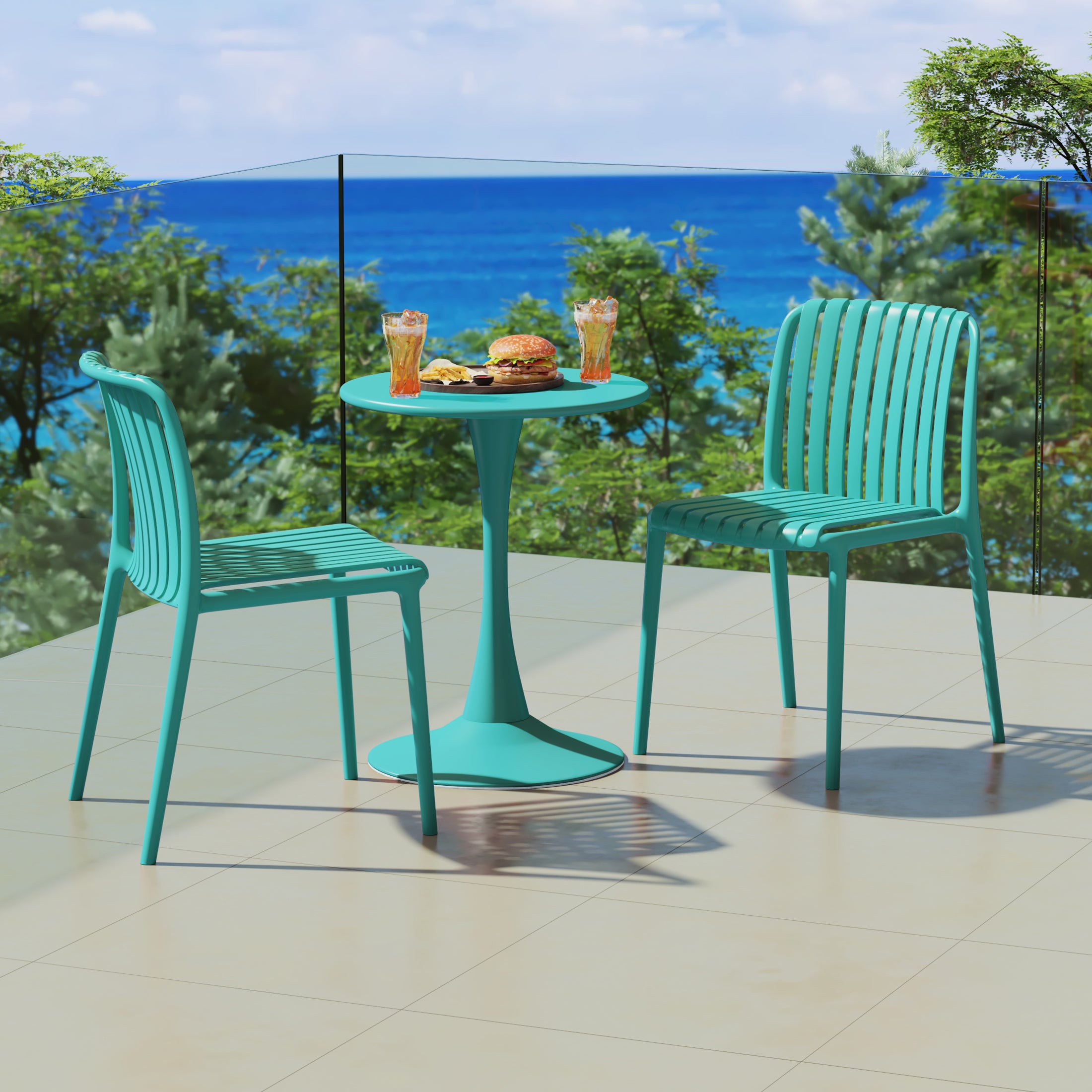 Sunshine 3-Piece Outdoor Metal Dining Table Set And Stackable Resin Patio Chairs