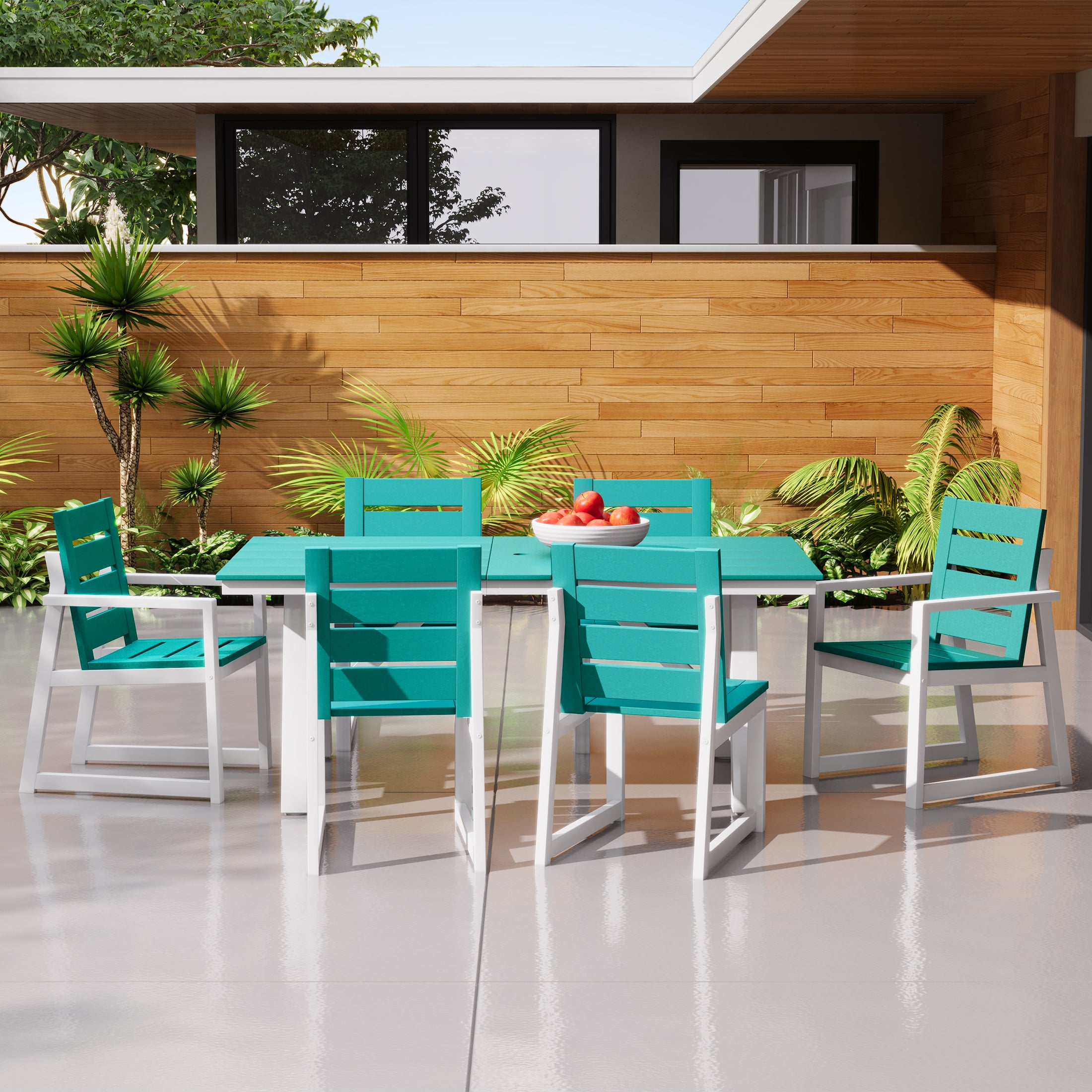 Stinson 7-Piece HDPE Outdoor Furniture Patio Dining Table With Umbrella Hole and Chairs Set For 6