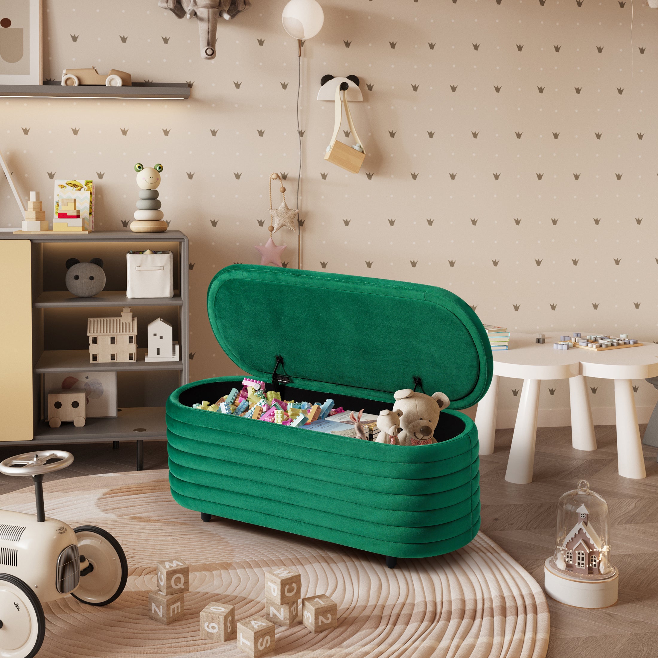 Alaia 42" Wide Mid-Century Modern Upholstered Velvet Tufted Oval Storage Ottoman Bench