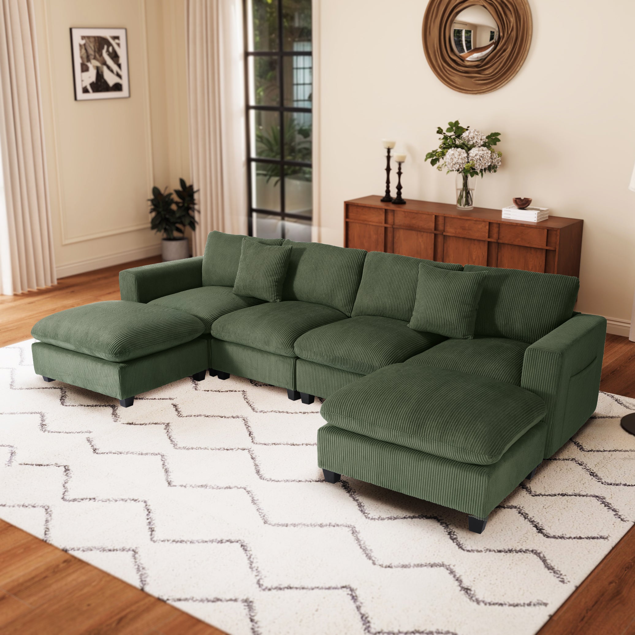 Ava 128" Corduroy Modular U-Shaped Sectional Couch and Chaise With USB/Type-C Ports and Side Pockets