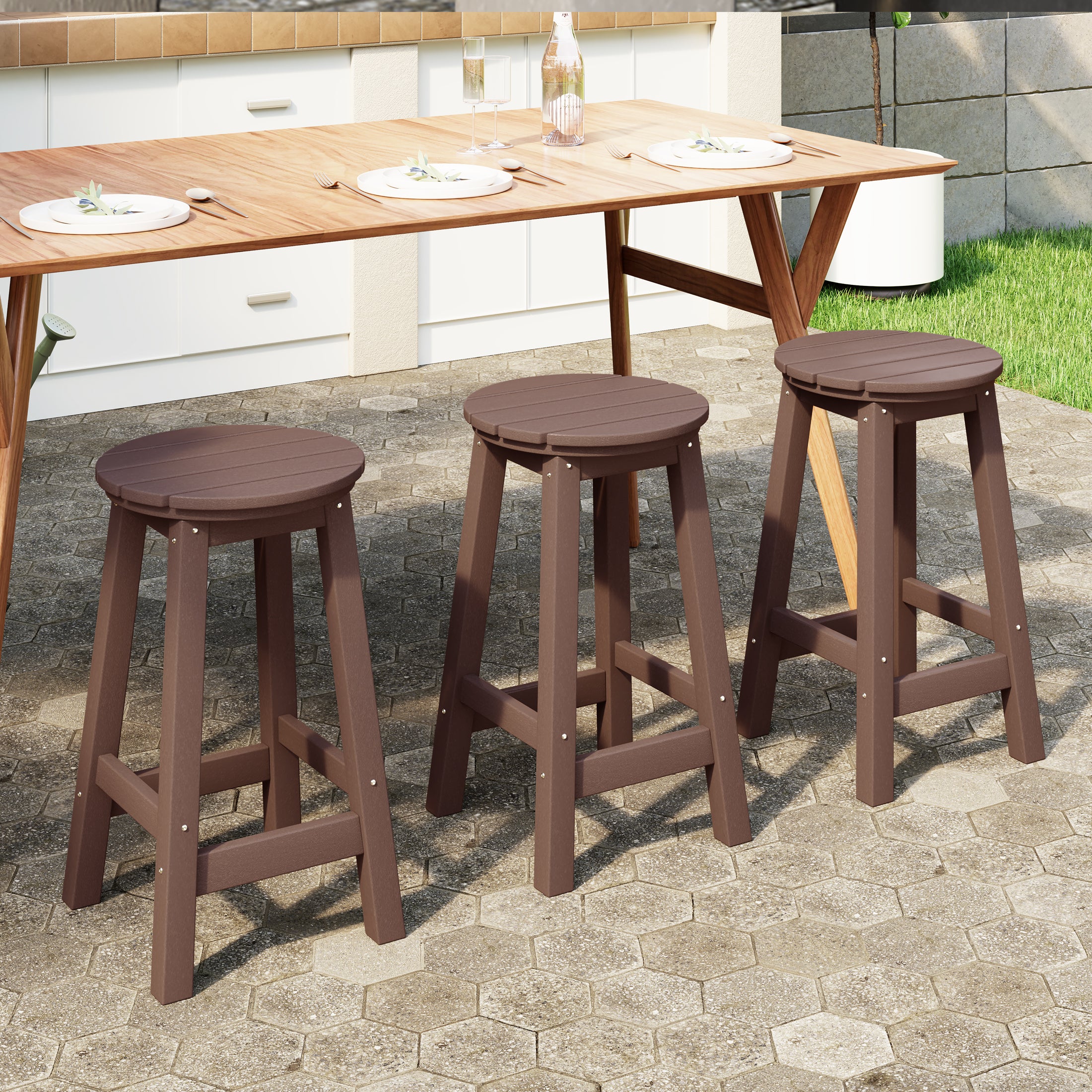 Paradise 24" HDPE Outdoor Patio Round Counter Height Bar Stool Set of 3