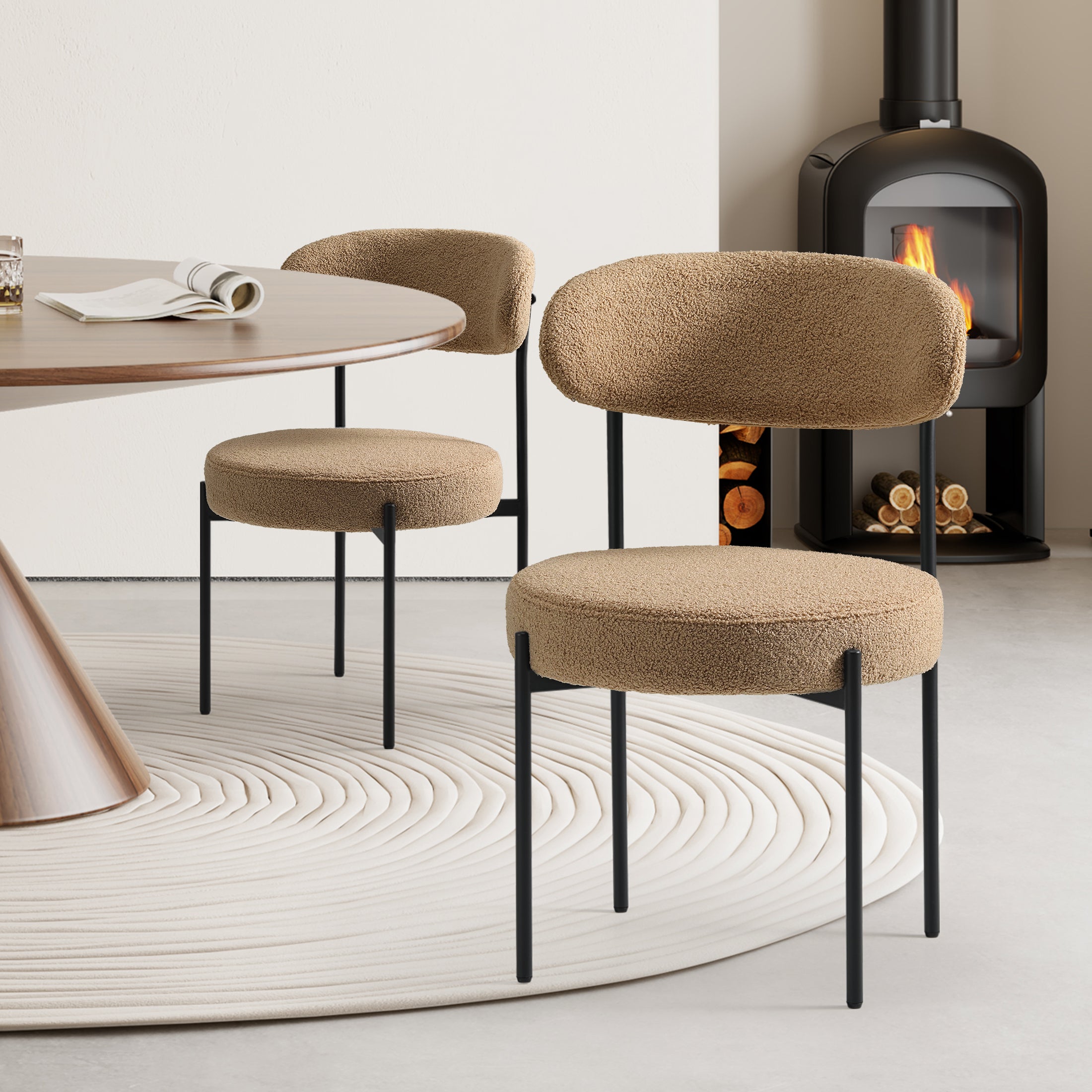 Celine Mid-Century Modern Upholstered Sherpa Round Dining Chairs (Set of 2)