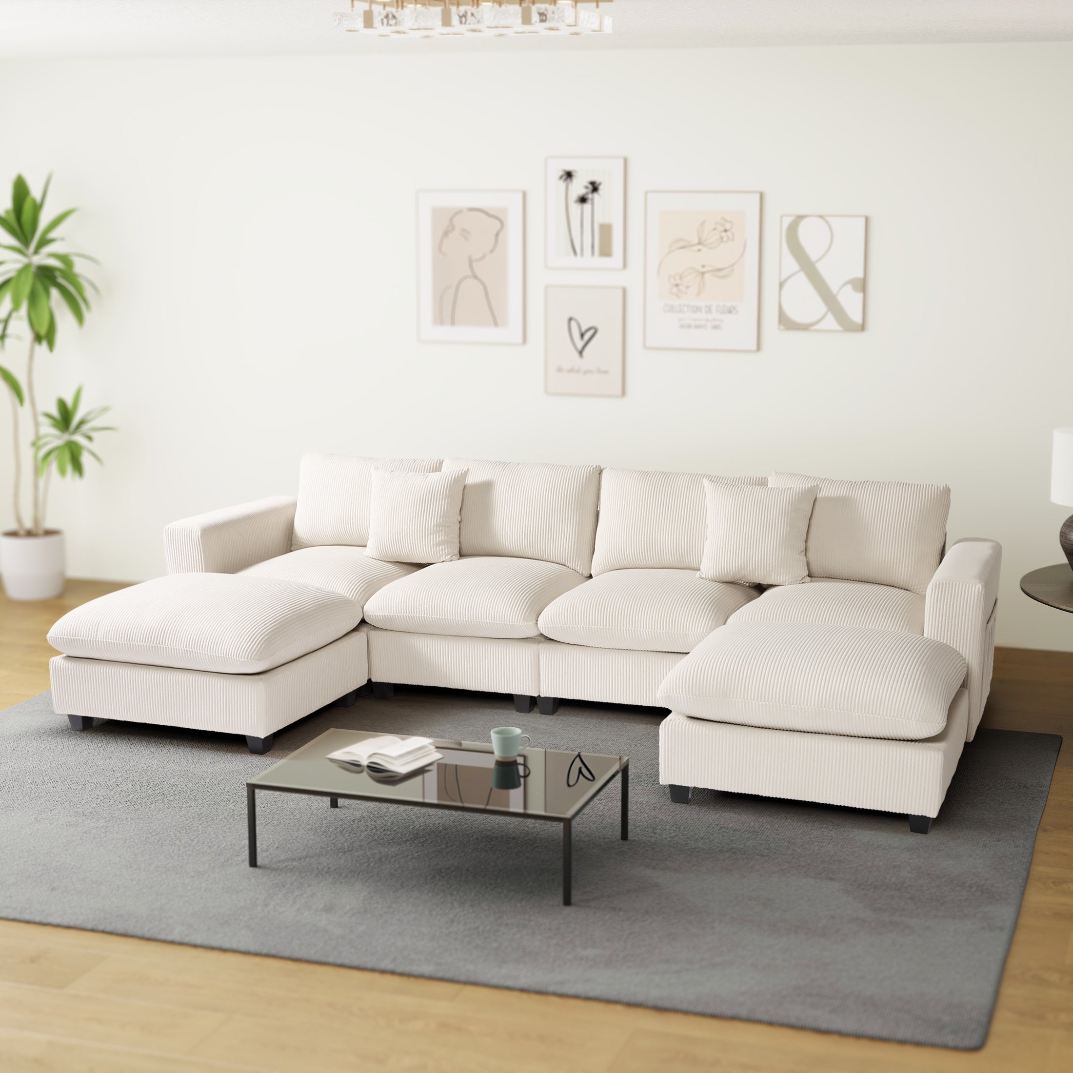 Ava 128" Corduroy Modular U-Shaped Sectional Couch and Chaise With USB/Type-C Ports and Side Pockets