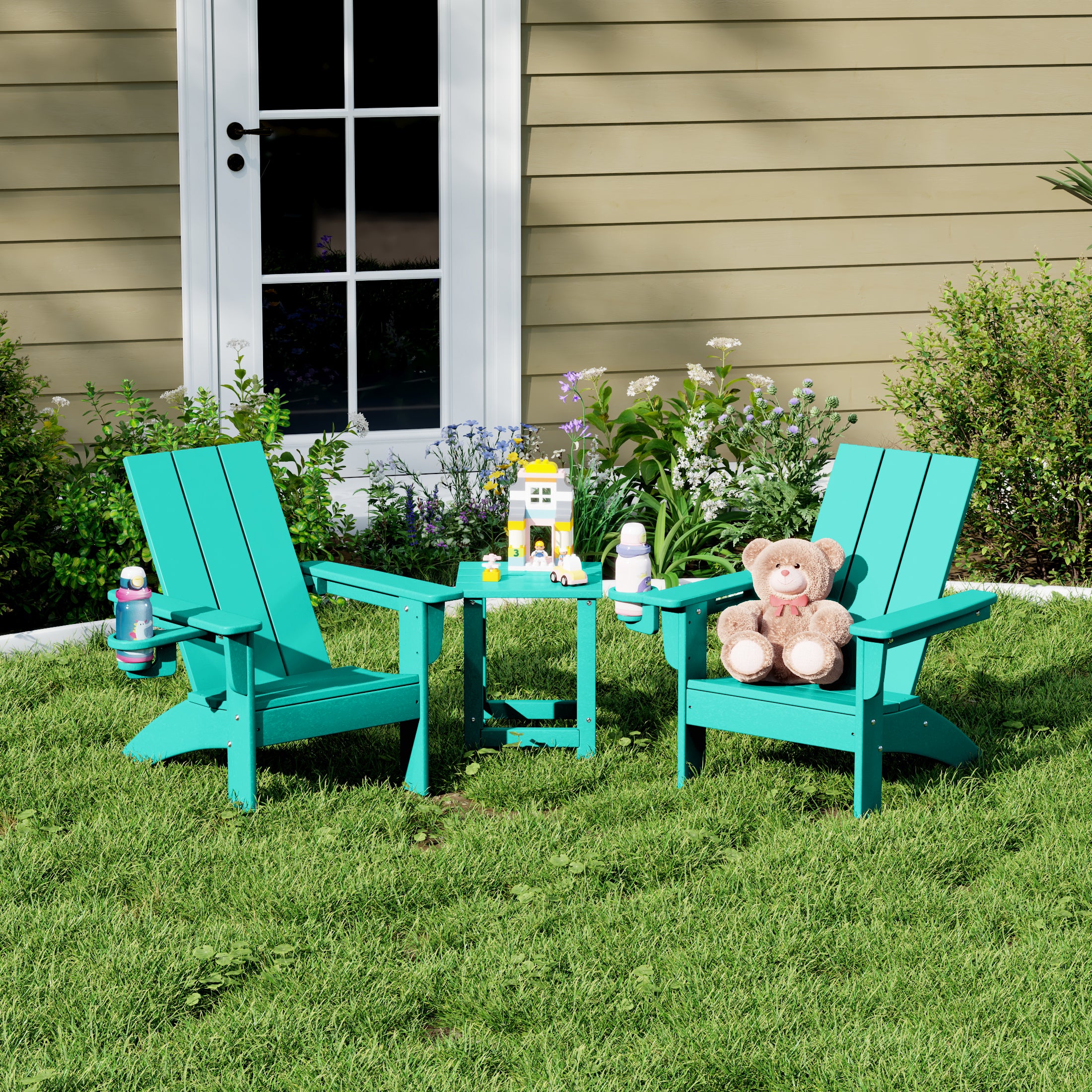 Palms 3-Piece Kids HDPE Modern Adirondack Chairs Set with Square Side Table and Cup Holders
