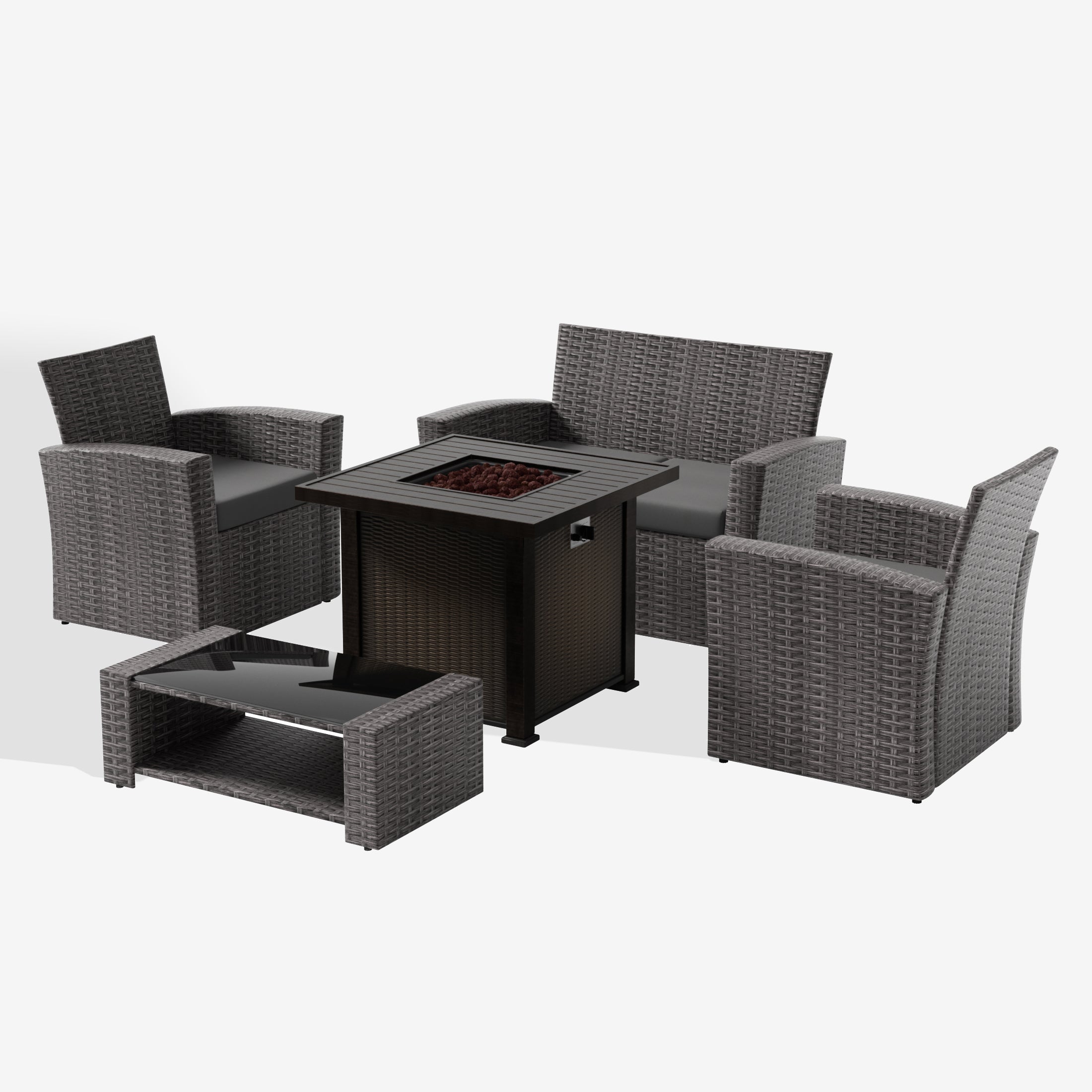 Wynston 4-Piece Conversation Outdoor Patio Sofa Set with Square Fire Pit Table, Gray