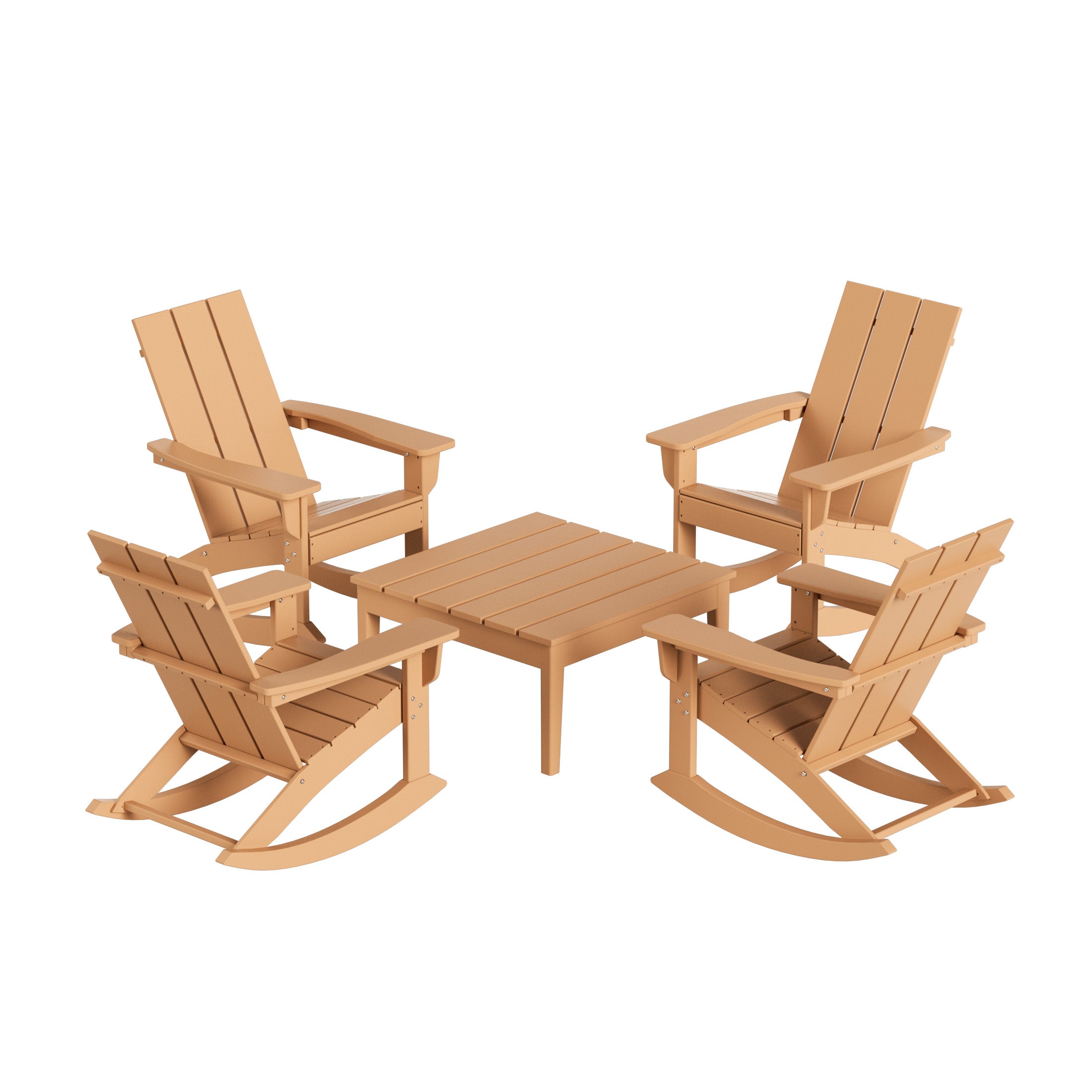 Palms 5-Piece Set Modern Plastic Outdoor Rocking Chairs with Square Side Table