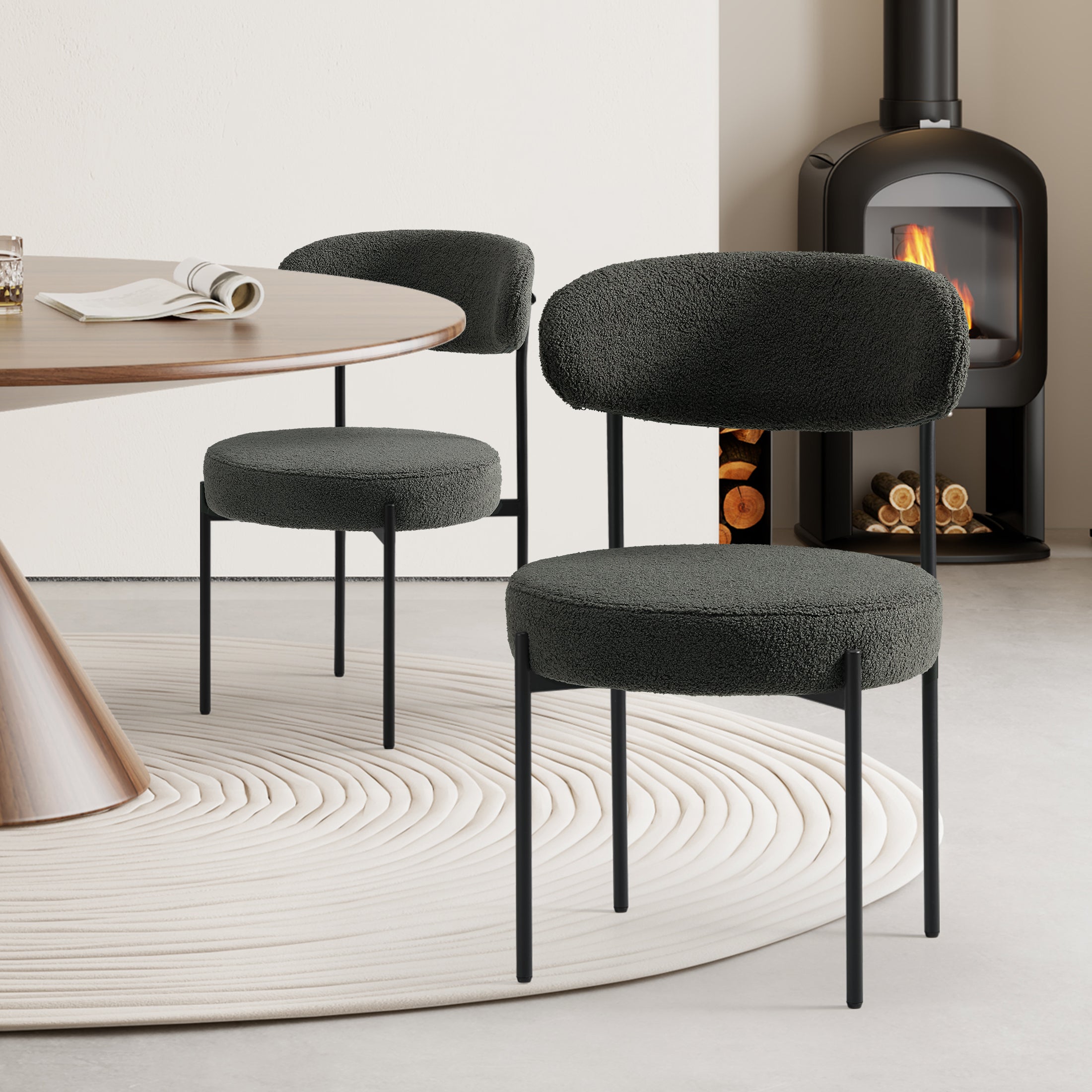 Celine Mid-Century Modern Upholstered Sherpa Round Dining Chairs (Set of 2)