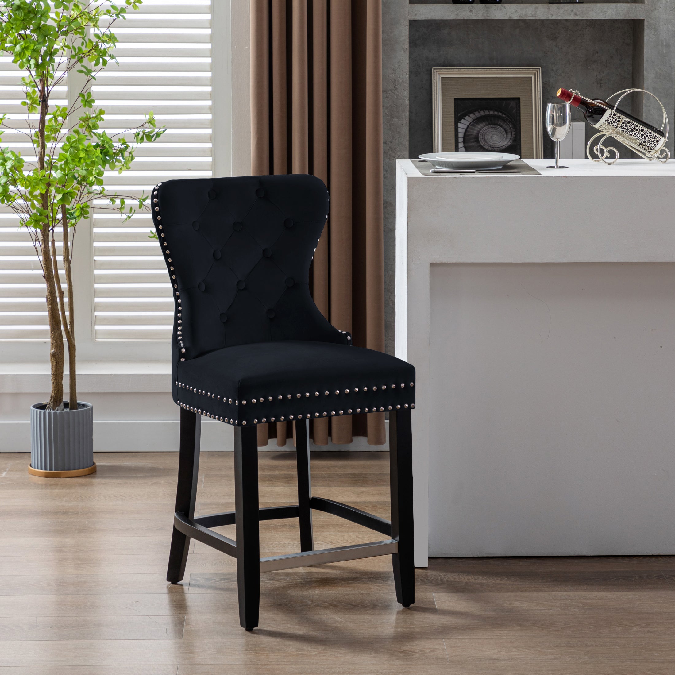 Hank 24" Tufted Velvet Counter Stool, Black