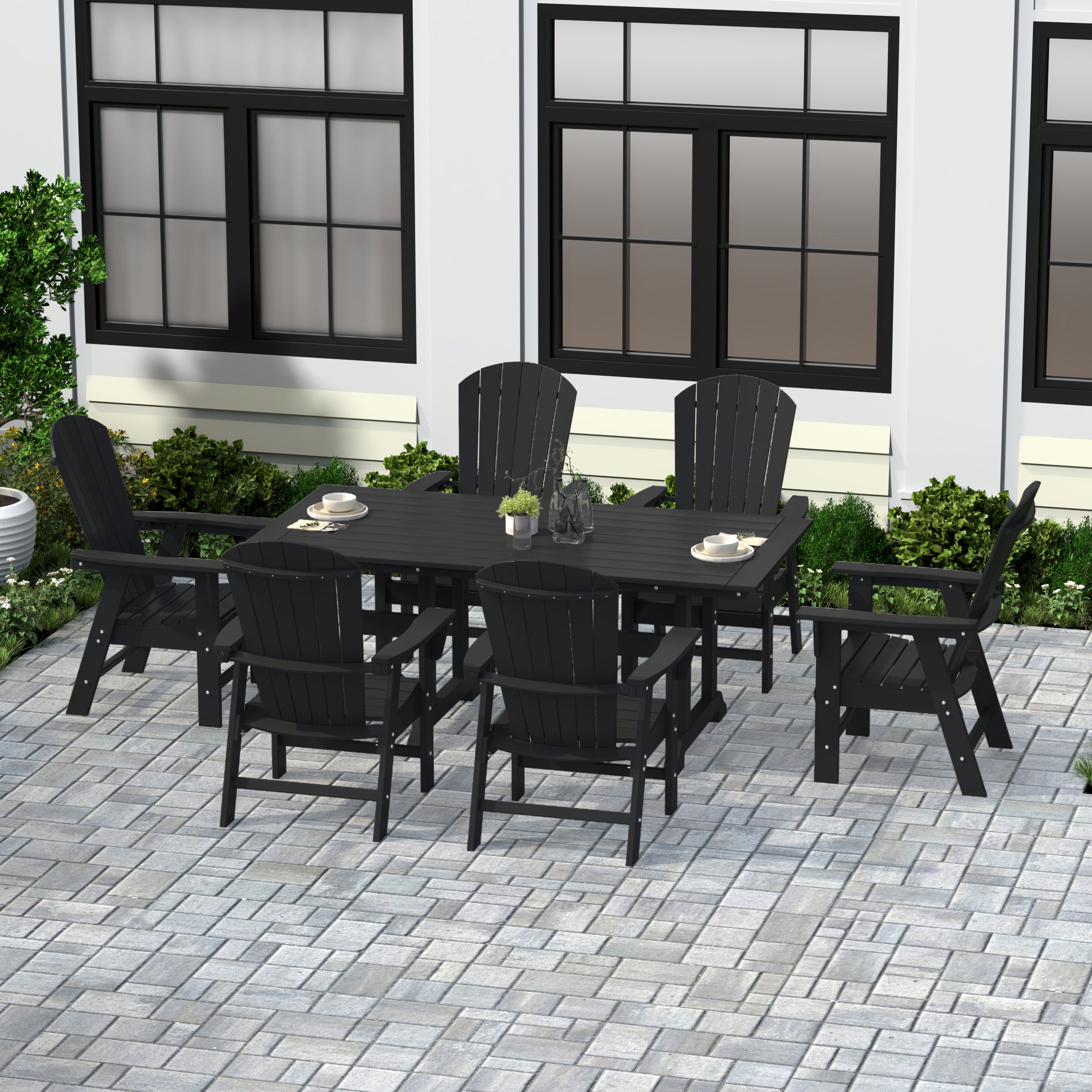 Portside 7 Piece Outdoor Patio Dining Table and Adirondack Armchair Set