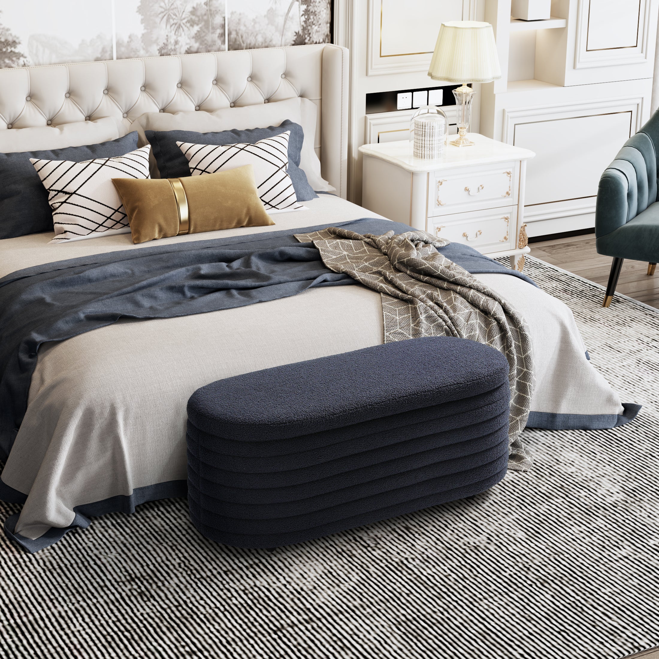 Celine 42" Wide Mid-Century Modern Upholstered Teddy Sherpa Tufted Oval Storage Ottoman Bench