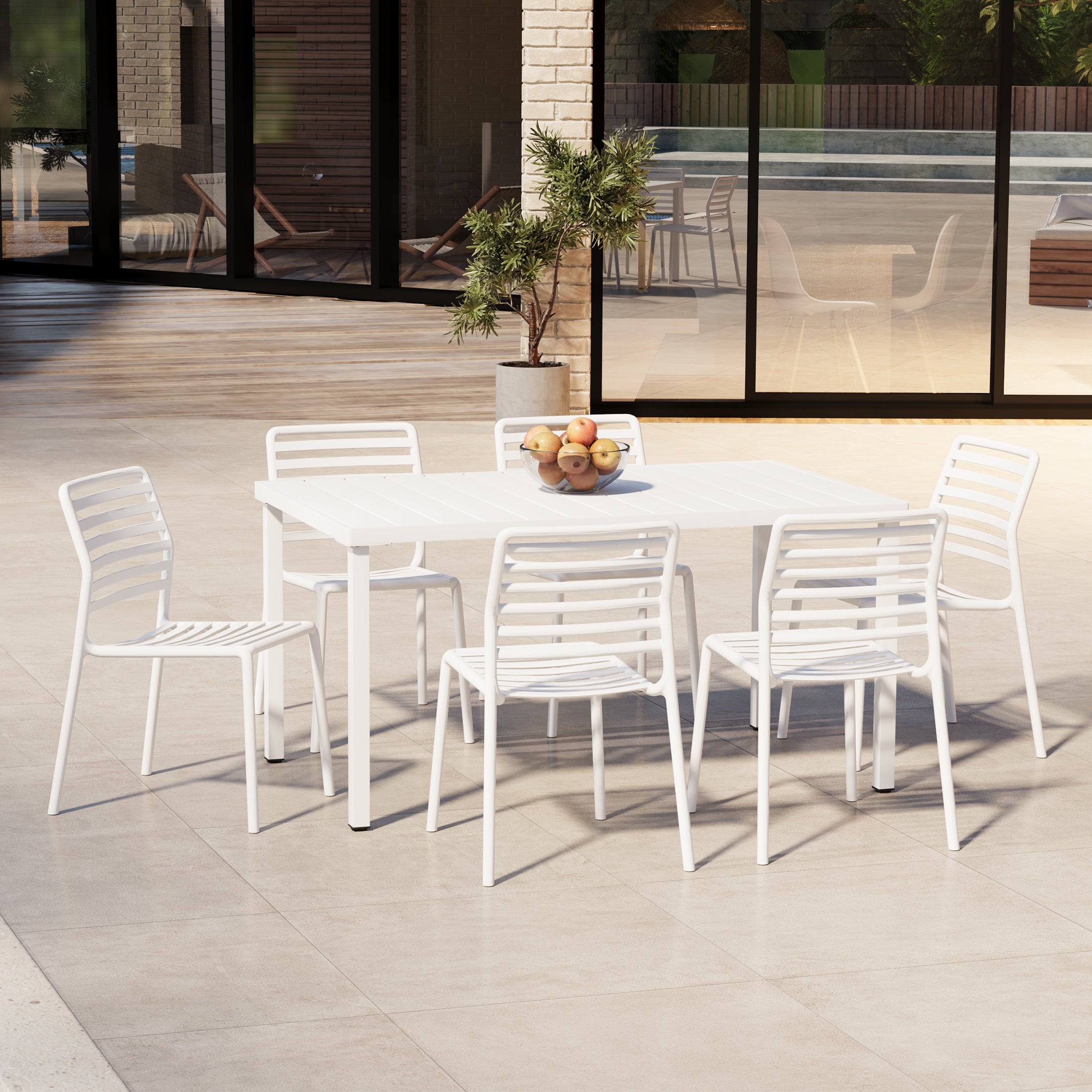 Sunshine 7-Piece Metal Rectangular Patio Dining Table Set With Stackable Plastic Dining Chairs For 6