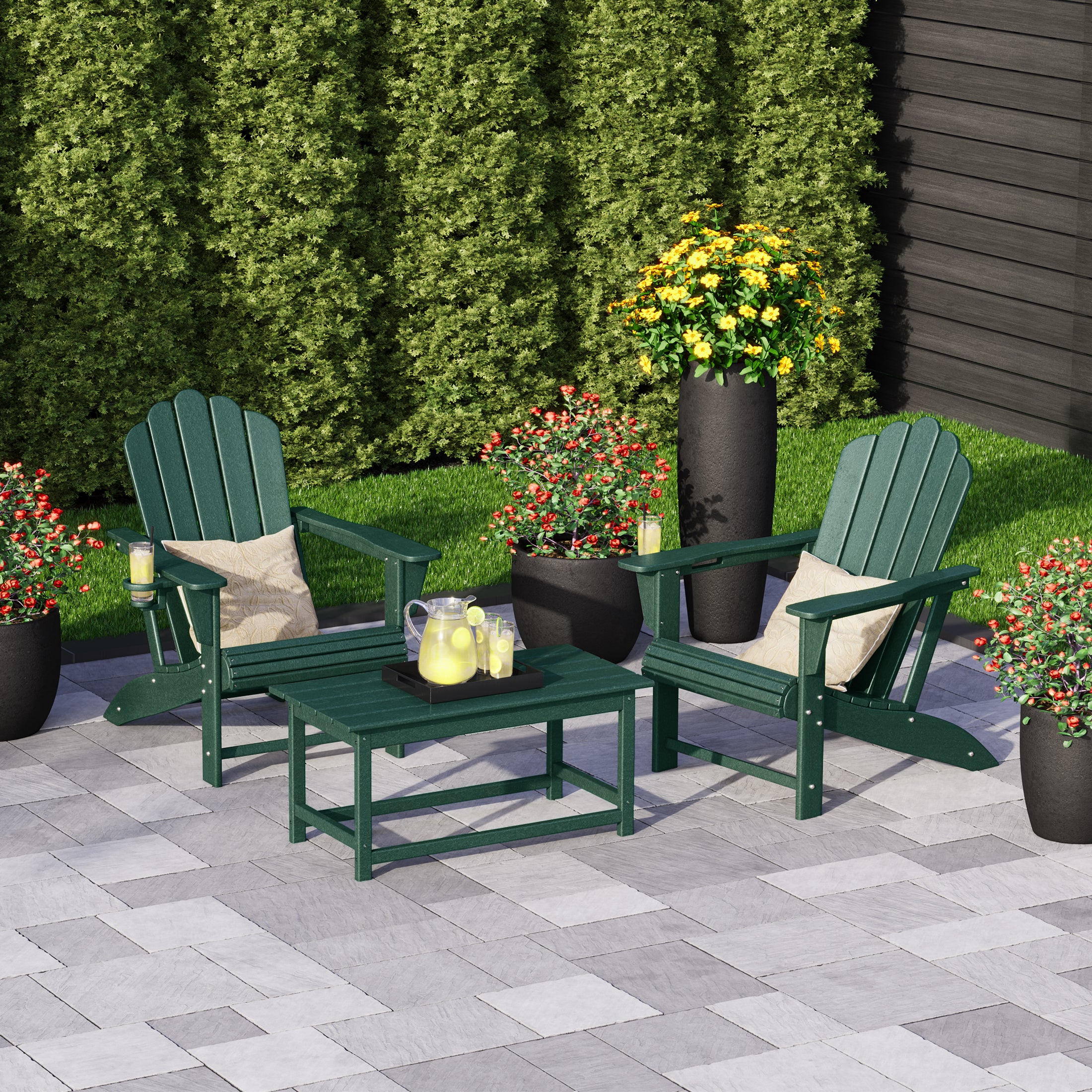Lakeview 3-Piece Adirondack Chairs with Cup Holders and Coffee Table S