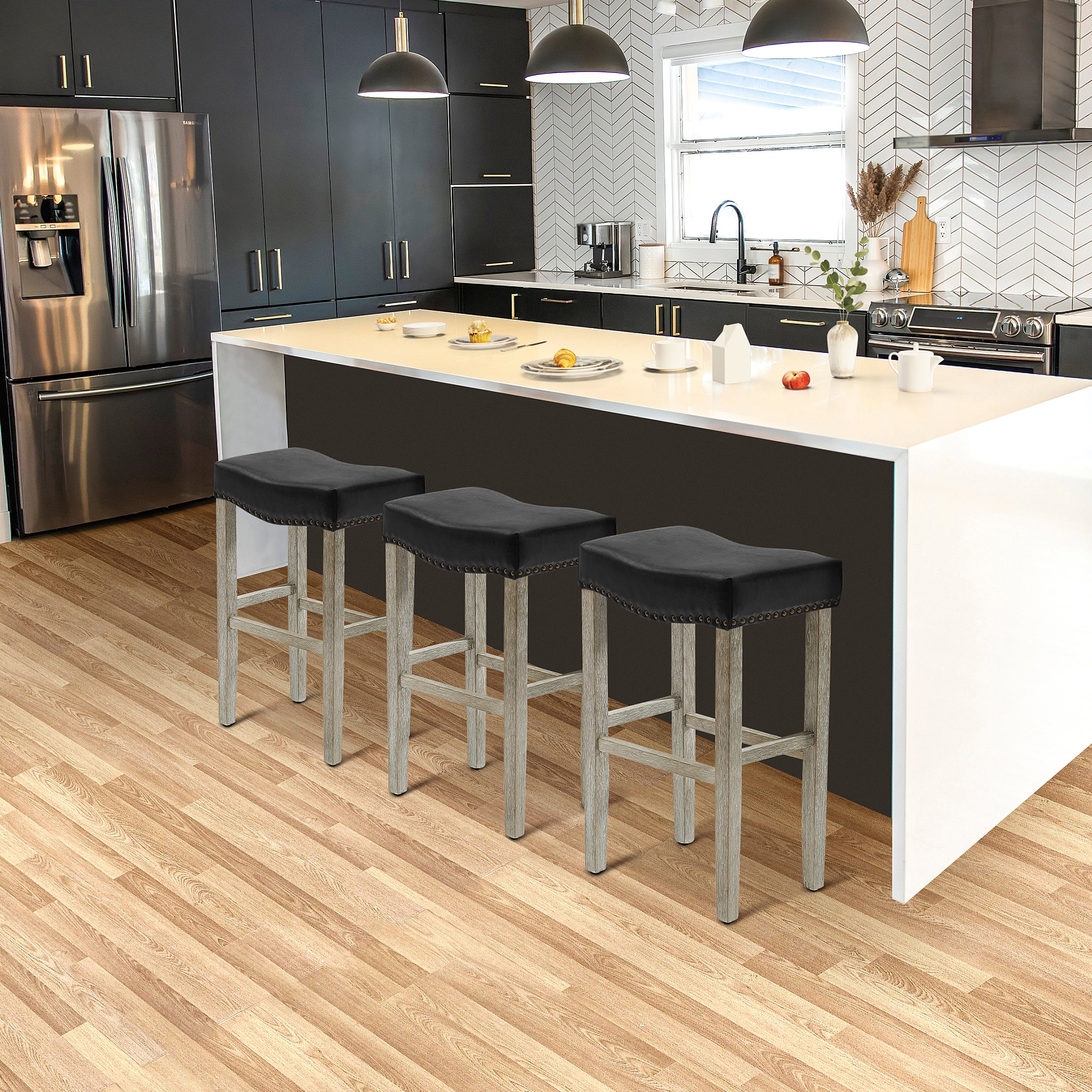 Bulmon 29" Upholstered Saddle Seat Antique Gray Counter Stool (Set of 3)