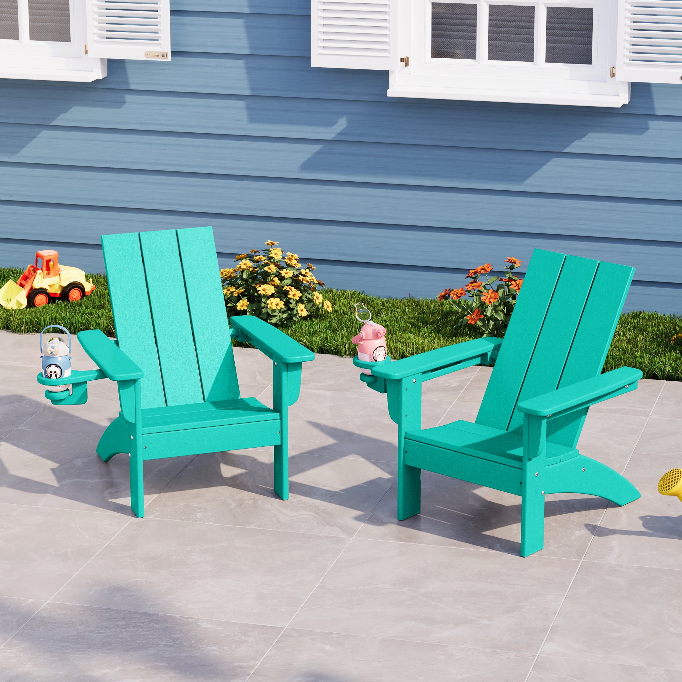 Palms Kids Outdoor HDPE Plastic Modern Adirondack Patio Chairs with Cup Holders (Set of 2)