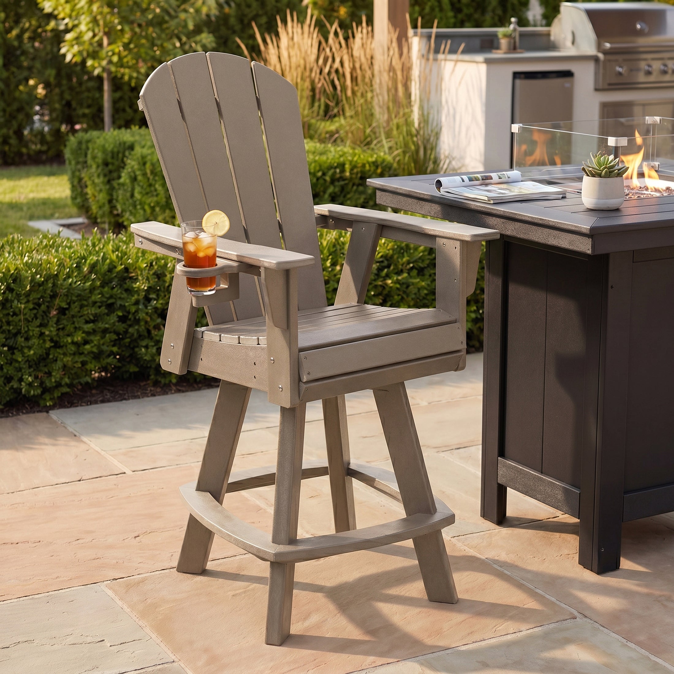 Paradise Outdoor HDPE Swivel Adirondack Bar Height Chair With Cup Holder