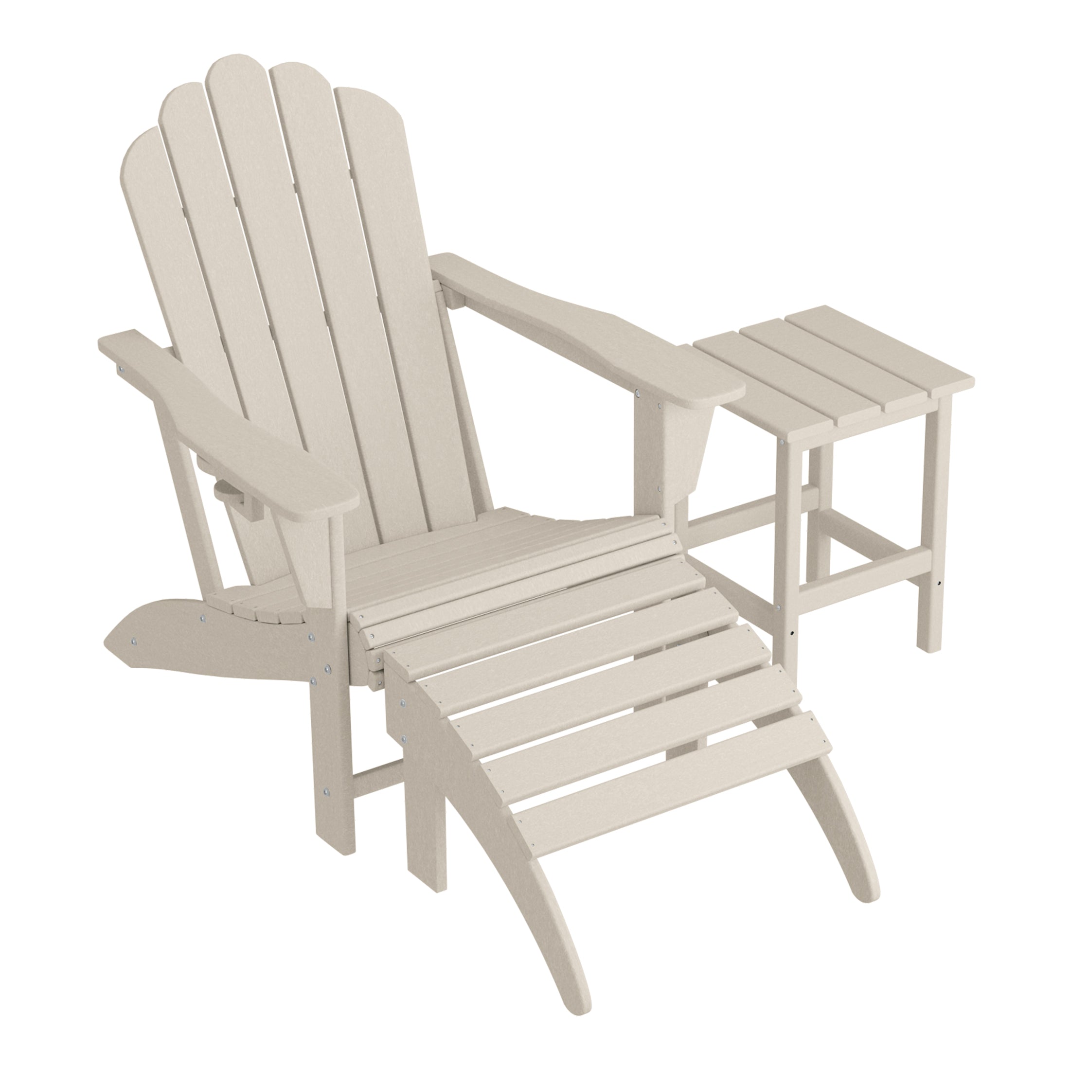 Lakeview 3-Piece Adirondack Chair with Cup Holder and Folding Ottoman and Table Set