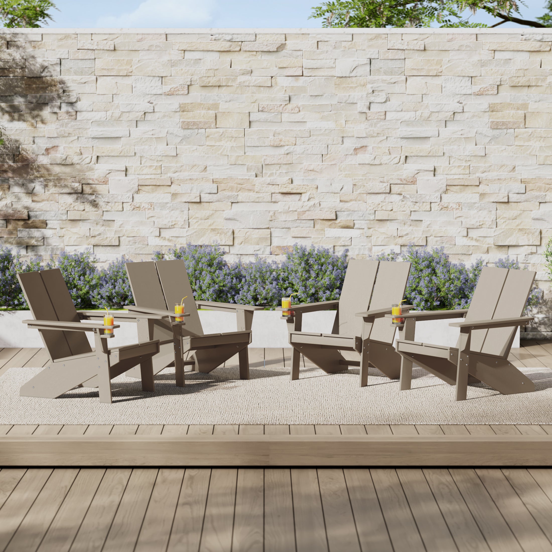 Seaview Outdoor HDPE Modern Adirondack Chair with Cup Holder (Set of 4)
