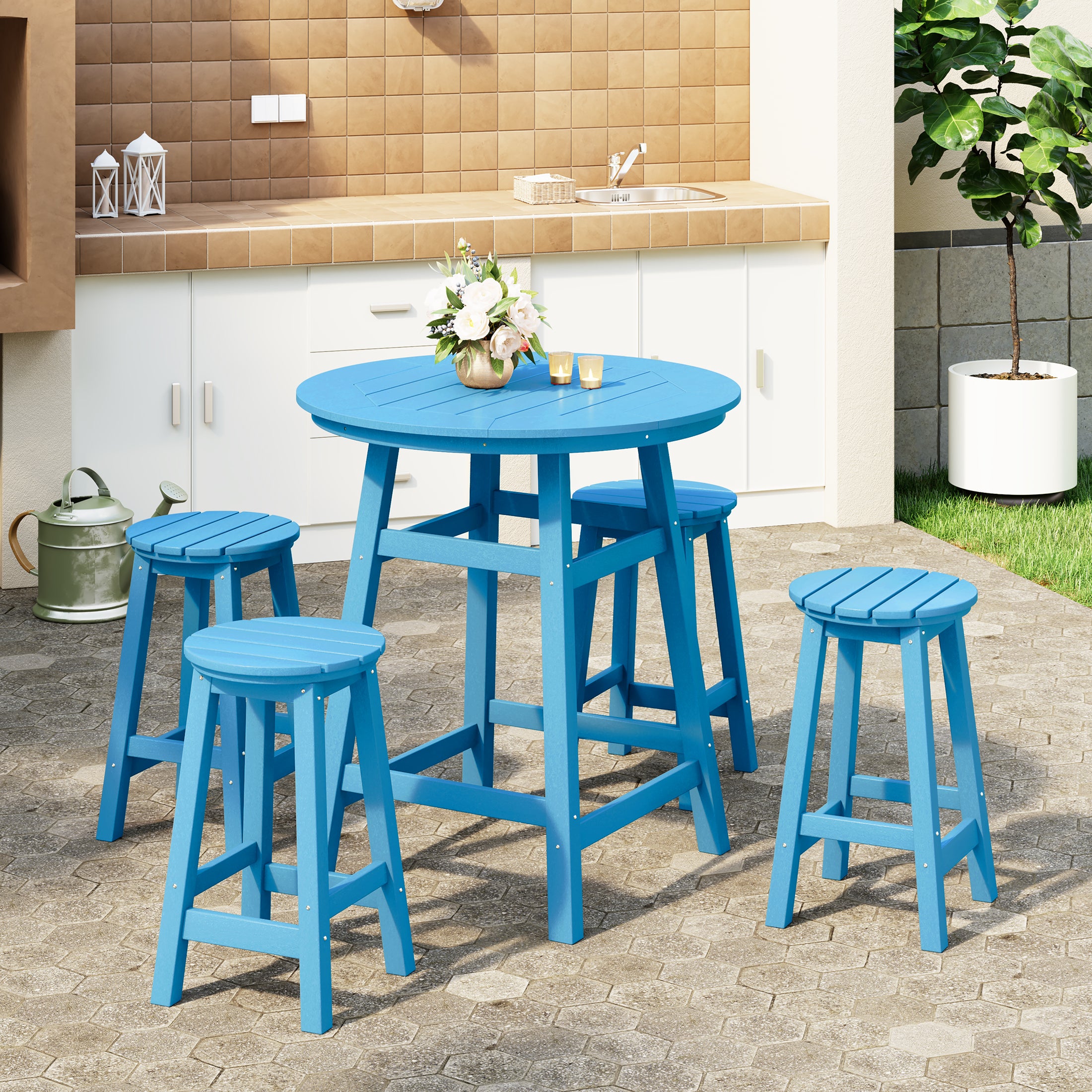 Paradise 5-Piece HDPE Outdoor Patio Dining Bar Bistro Table Set with Counter High Round Bar Stools