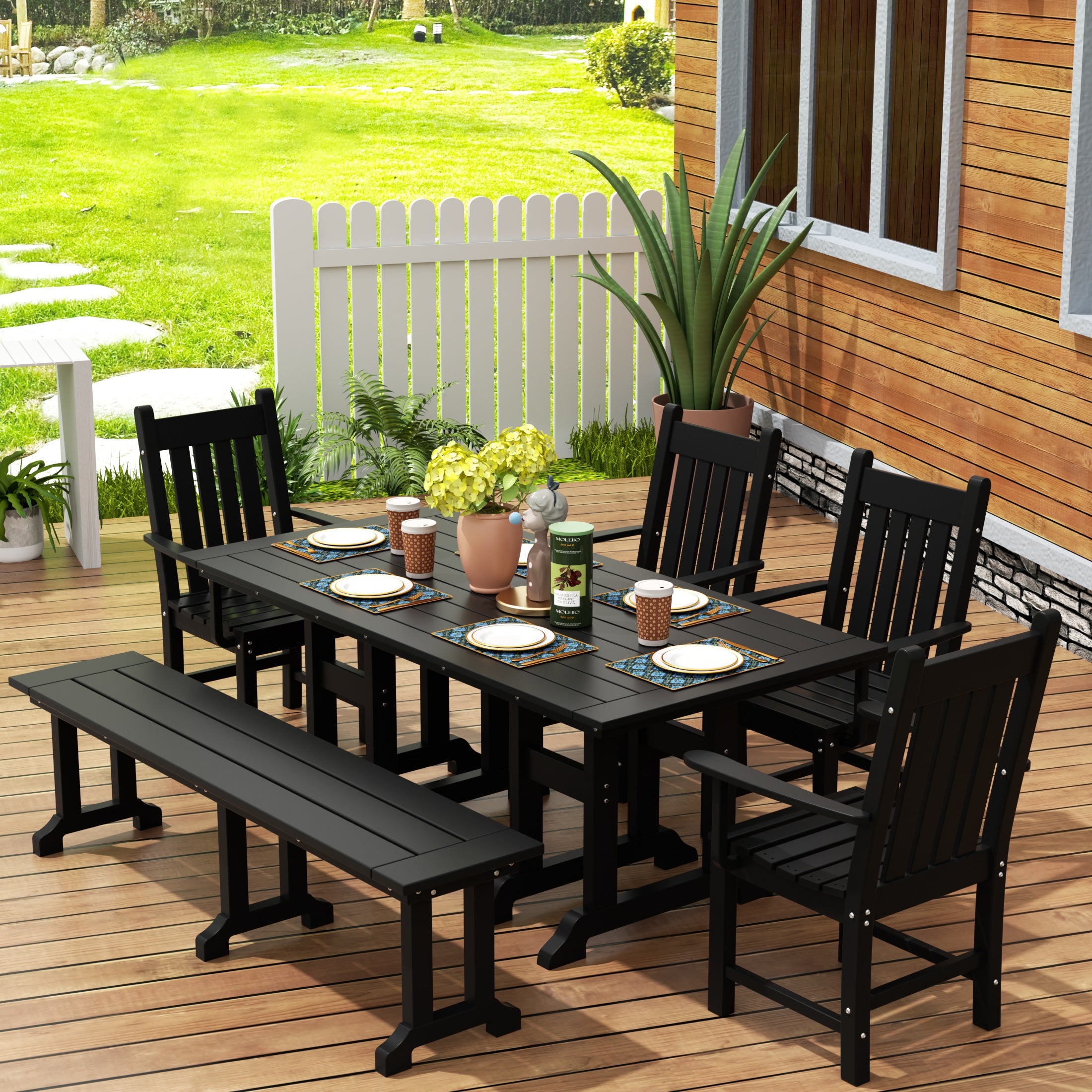 Paradise 6 Piece Outdoor Patio Dining Set Outdoor Table and Bench Armchair Set