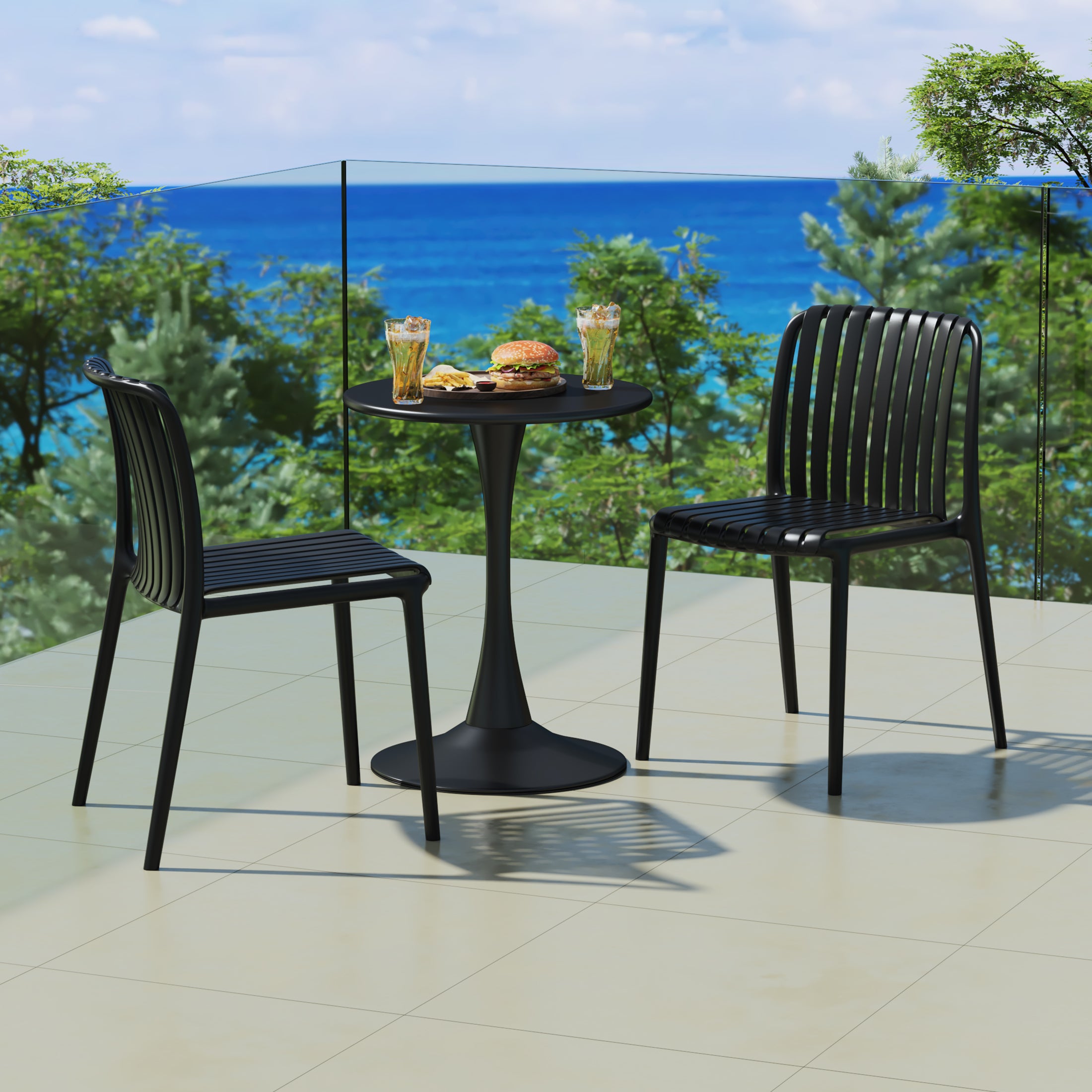 Sunshine 3-Piece Outdoor Metal Dining Table Set And Stackable Resin Patio Chairs