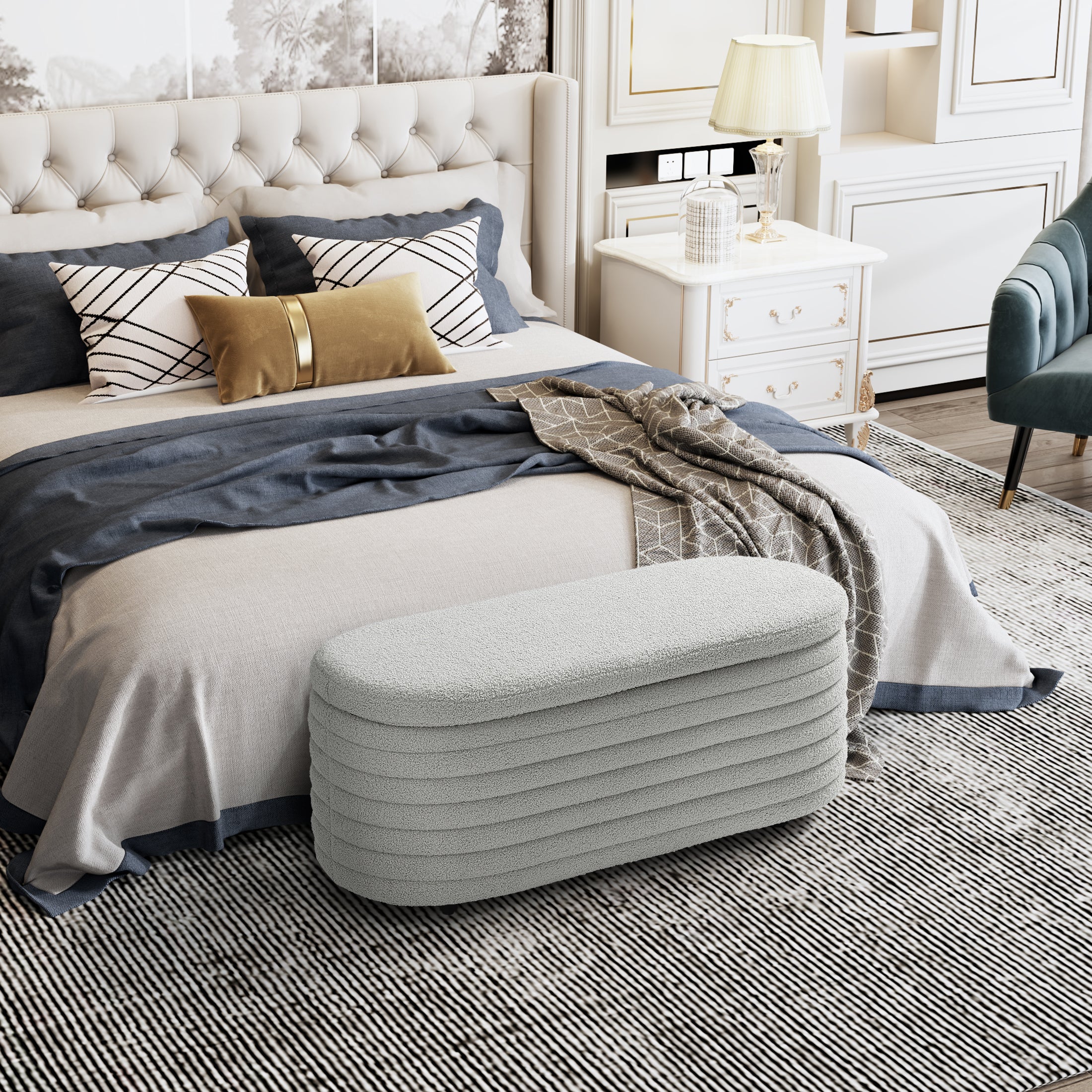 Celine 42" Wide Mid-Century Modern Upholstered Teddy Sherpa Tufted Oval Storage Ottoman Bench