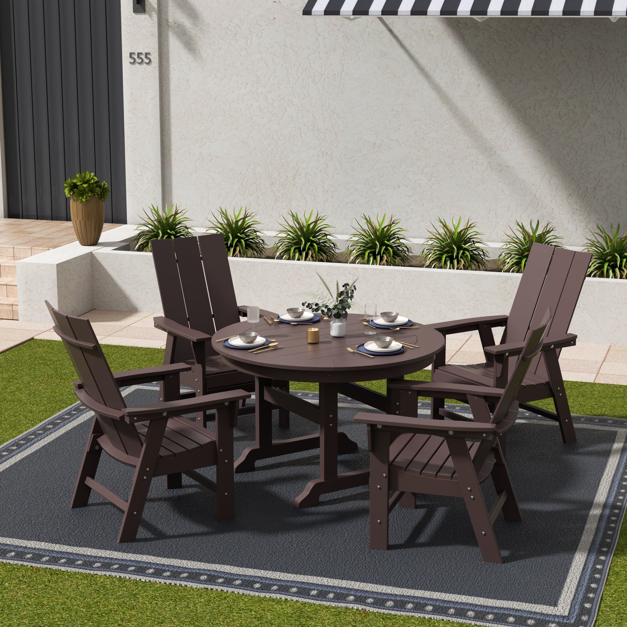 Palms 5 Piece Outdoor Patio Dining Round Table and Modern Armchair Set