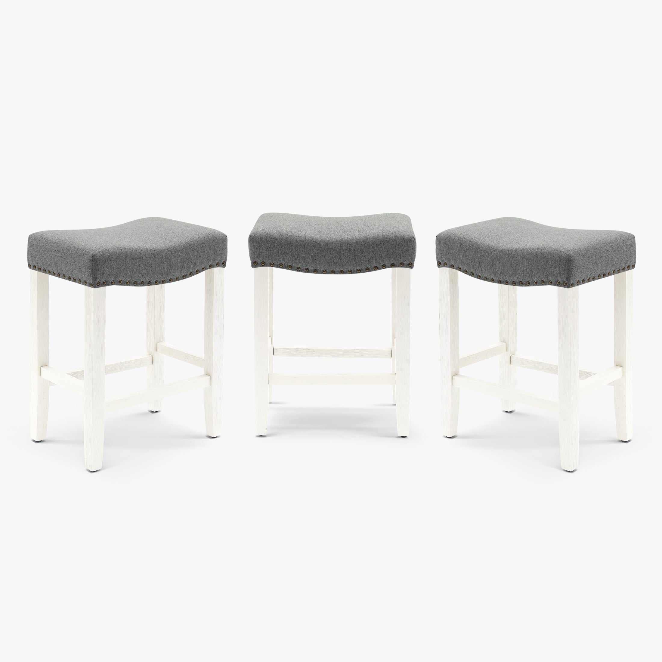 Bulmon 24" Upholstered Saddle Seat Antique White Counter Stool (Set of 3)