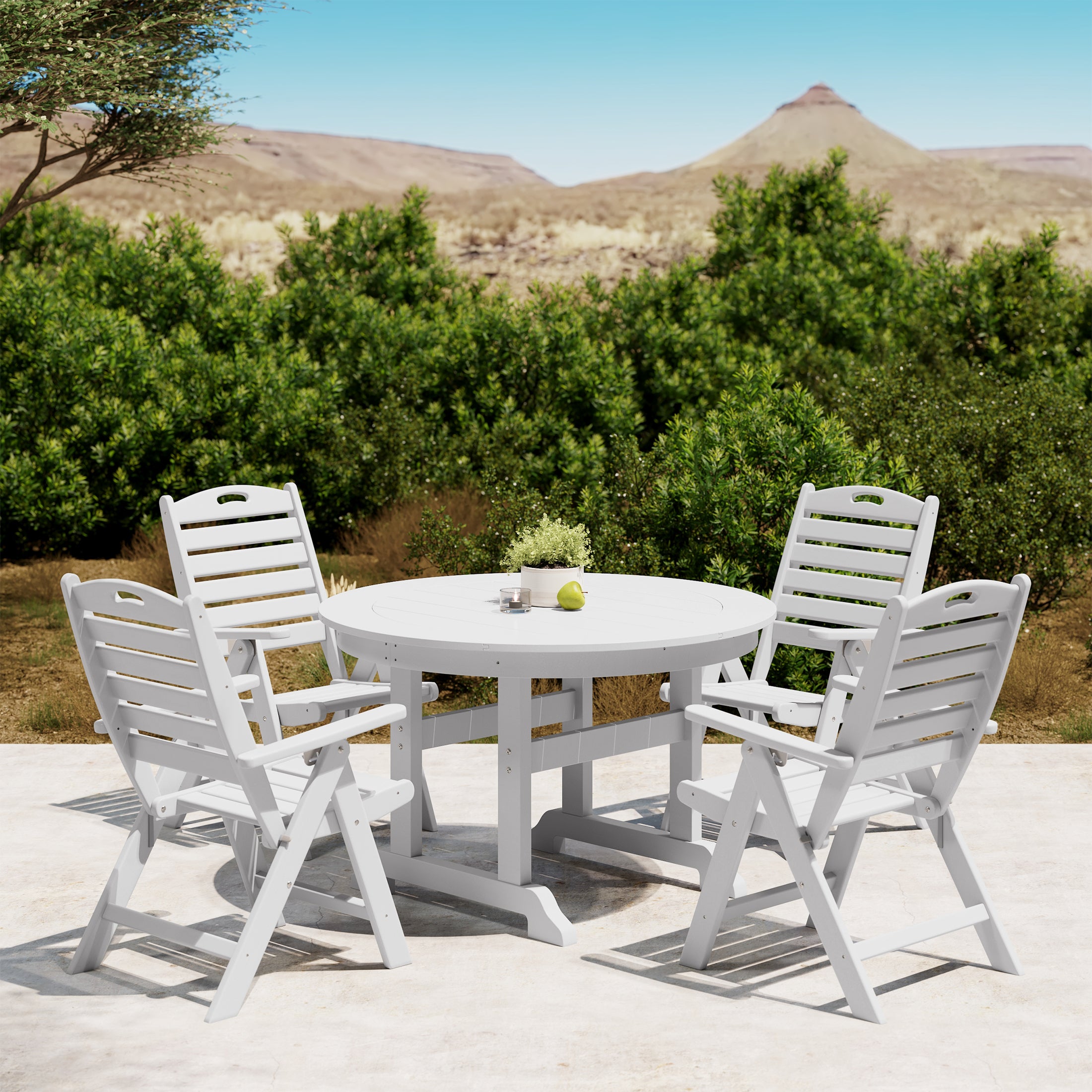 Paradise 5-Piece HDPE Round Patio Dining Table Set with Foldable Chairs