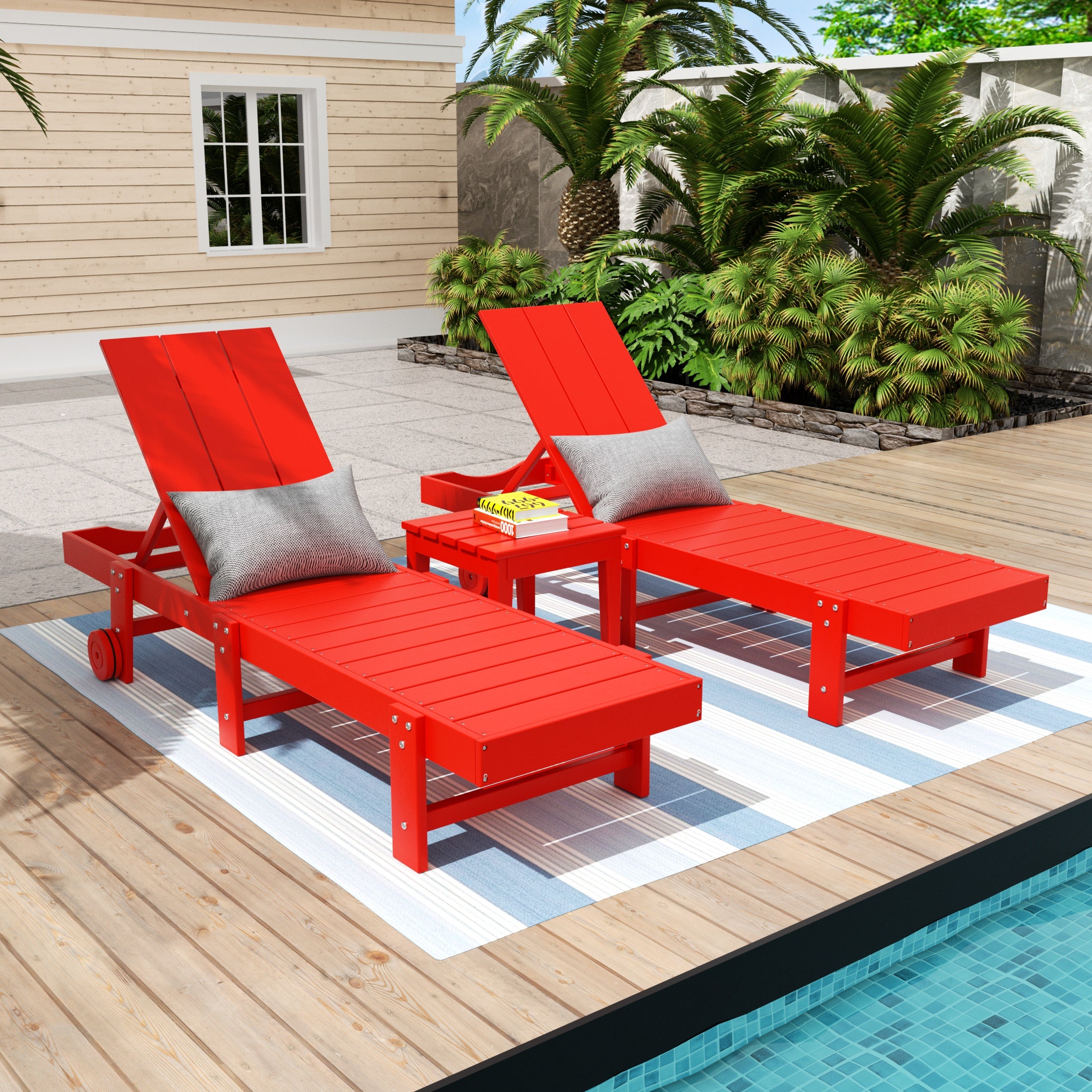 Palms 3 Piece Modern Poly Reclining Chaise Lounge With Wheels