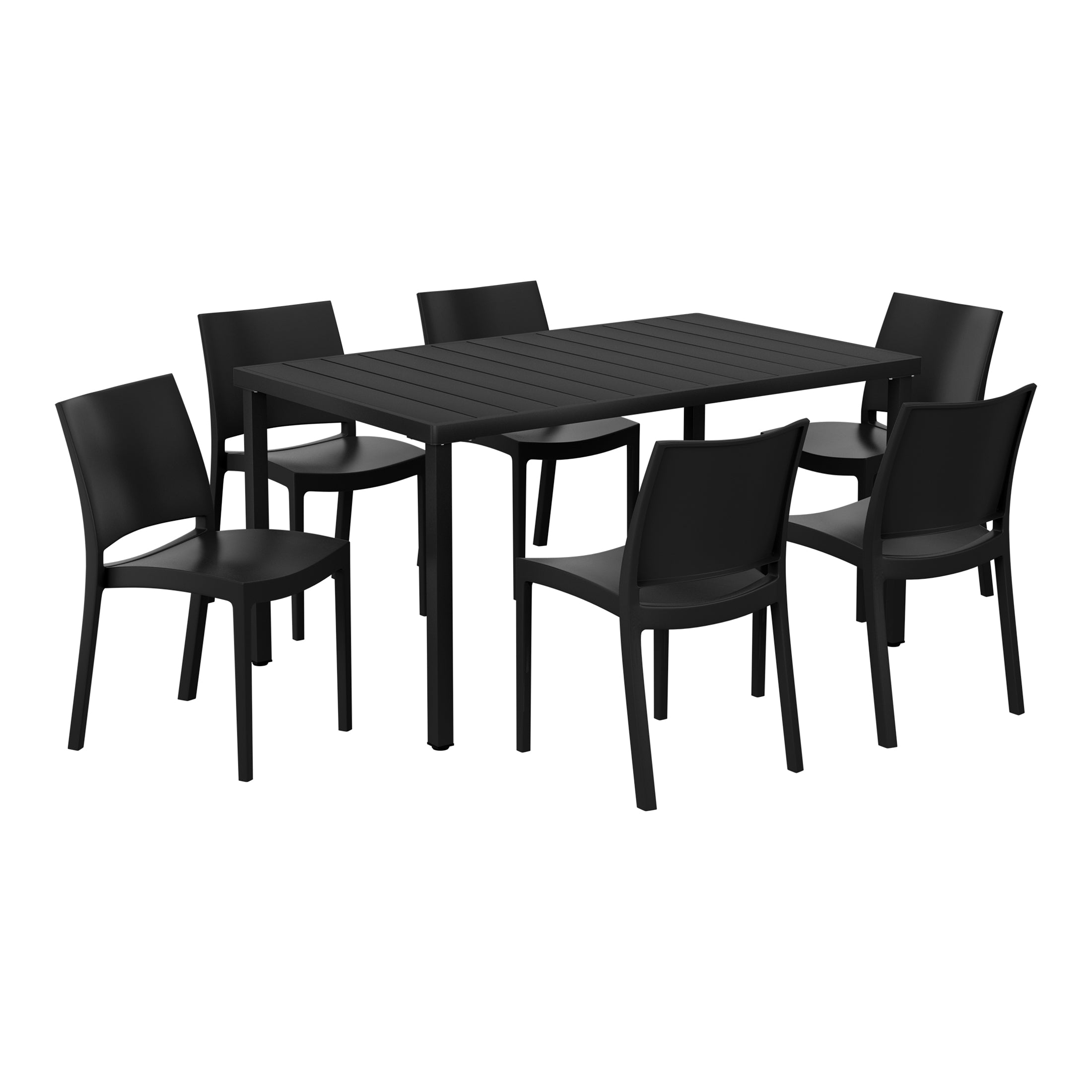 Sunshine 7-Piece Outdoor Rectangular Metal Patio Dining Table Set With Stackable Resin Patio Side Chairs