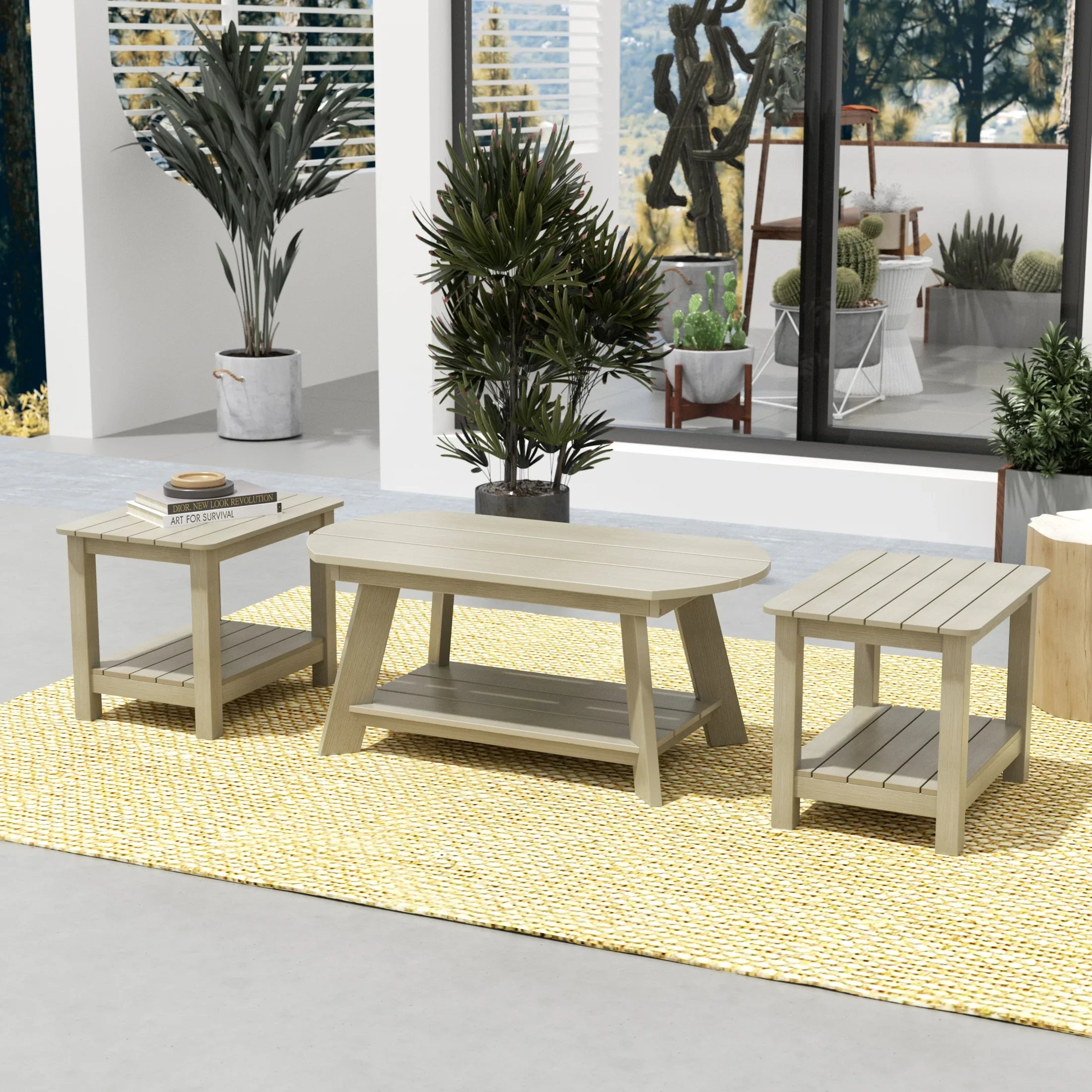 Florence 3-Piece HIPS Outdoor Adirondack Coffee Table and Two Side Tab