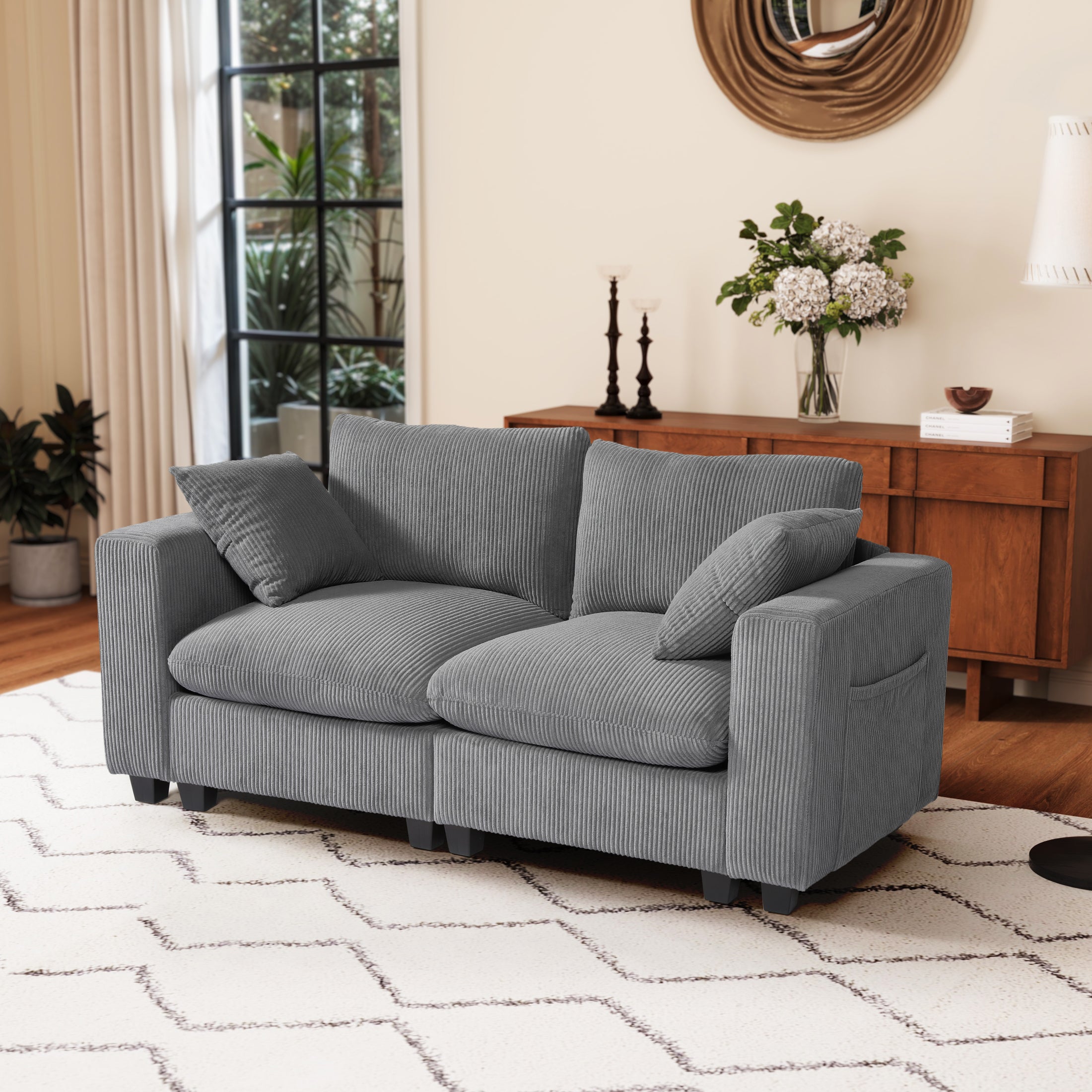 Ava 70" Modular Corduroy Loveseat Sofa With USB/Type-C Ports and Side Pockets