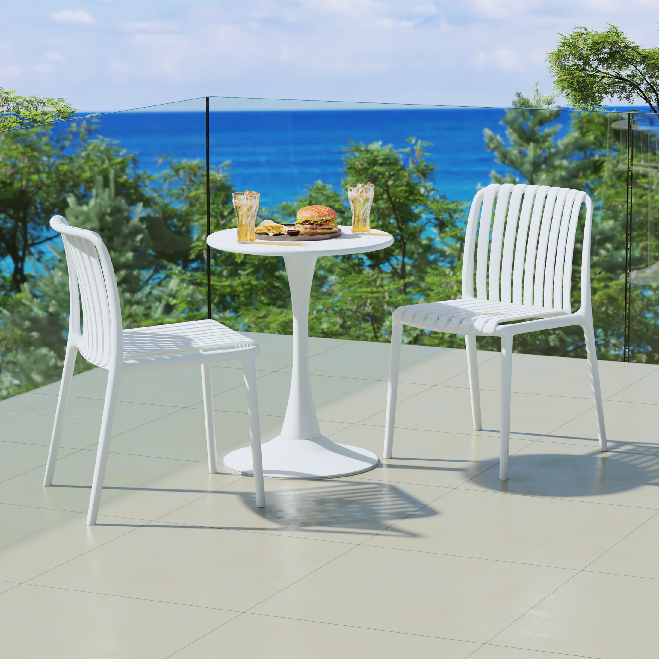 Sunshine 3-Piece Outdoor Metal Dining Table Set And Stackable Resin Patio Chairs
