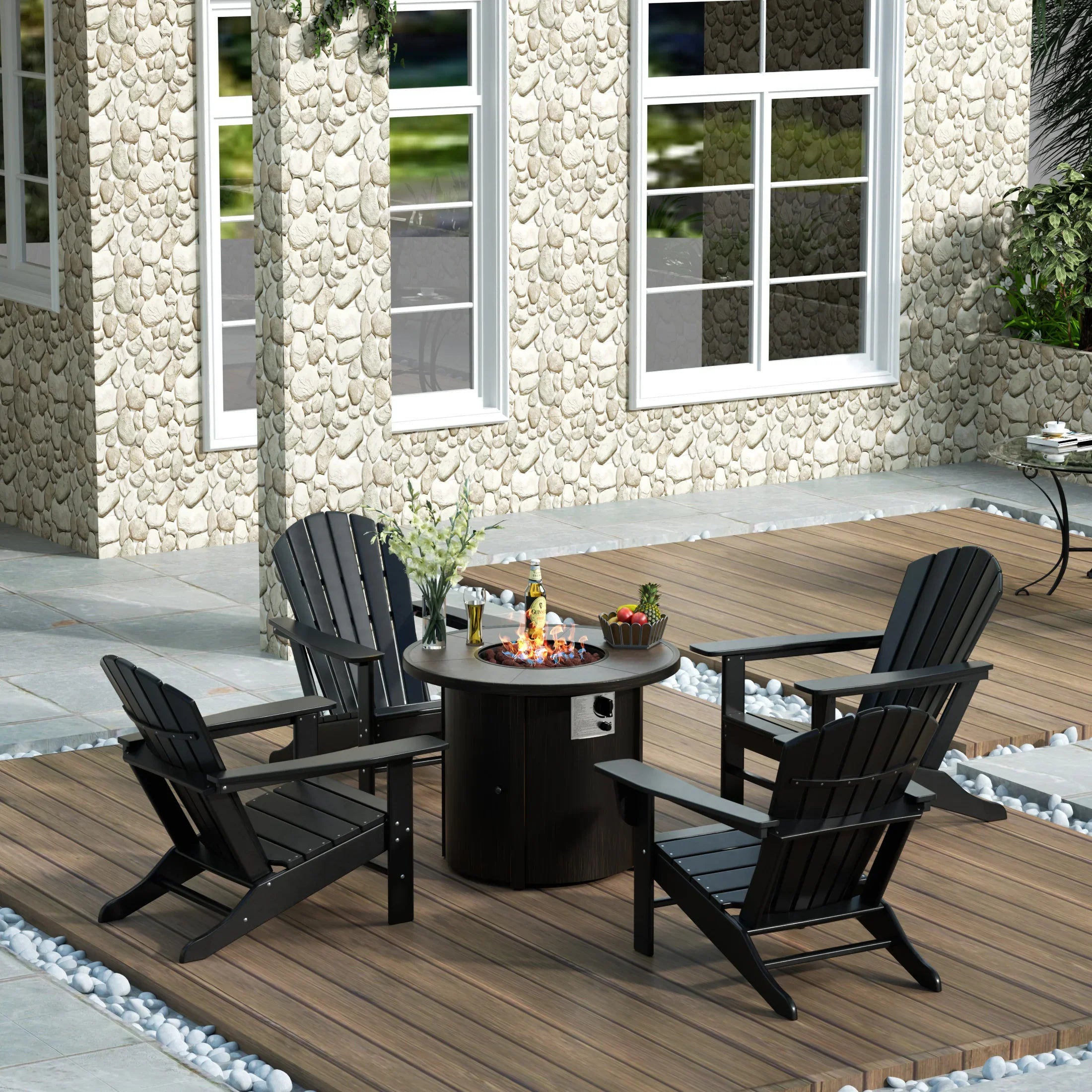 Portside Dylan Outdoor Patio Adirondack Chair with Round Fire Pit Tabl