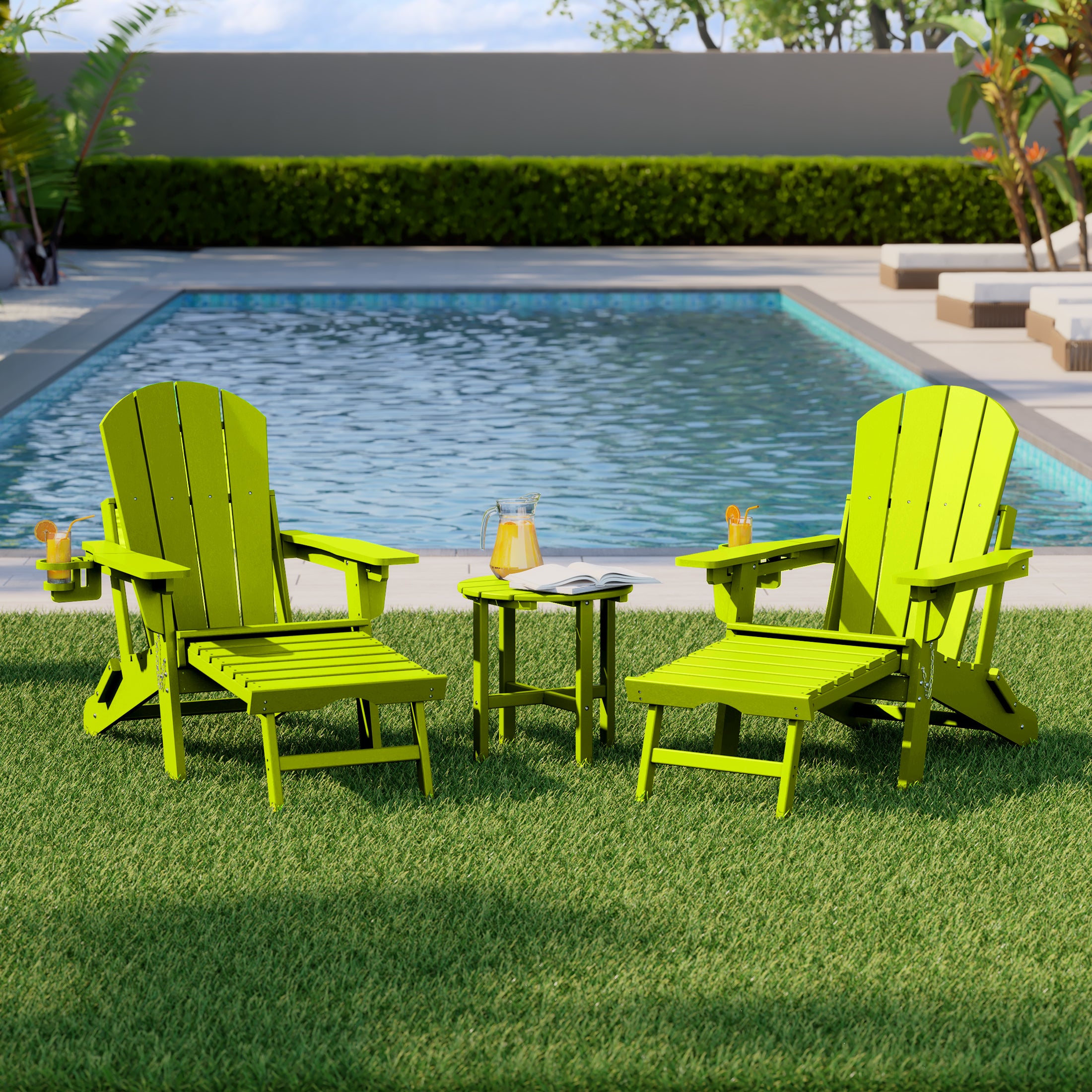 Paradise 3-Piece Outdoor Folding Adjustable Adirondack Chair with Cup Holder & Hideaway Ottoman and 18" Side Table