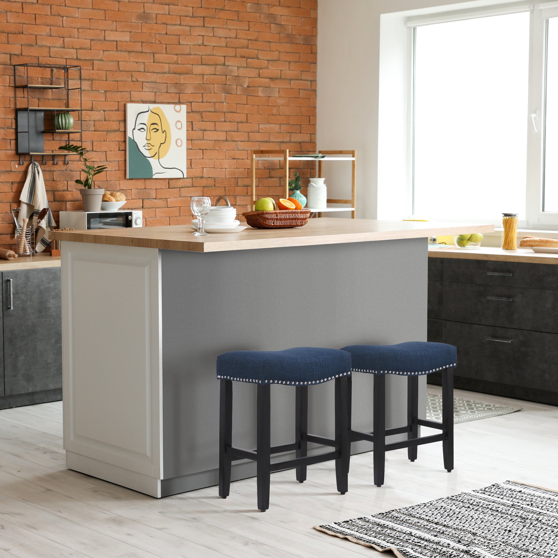 Bulmon 24" upholstered nail head bar counter stools with Black color legs (2 piece set)