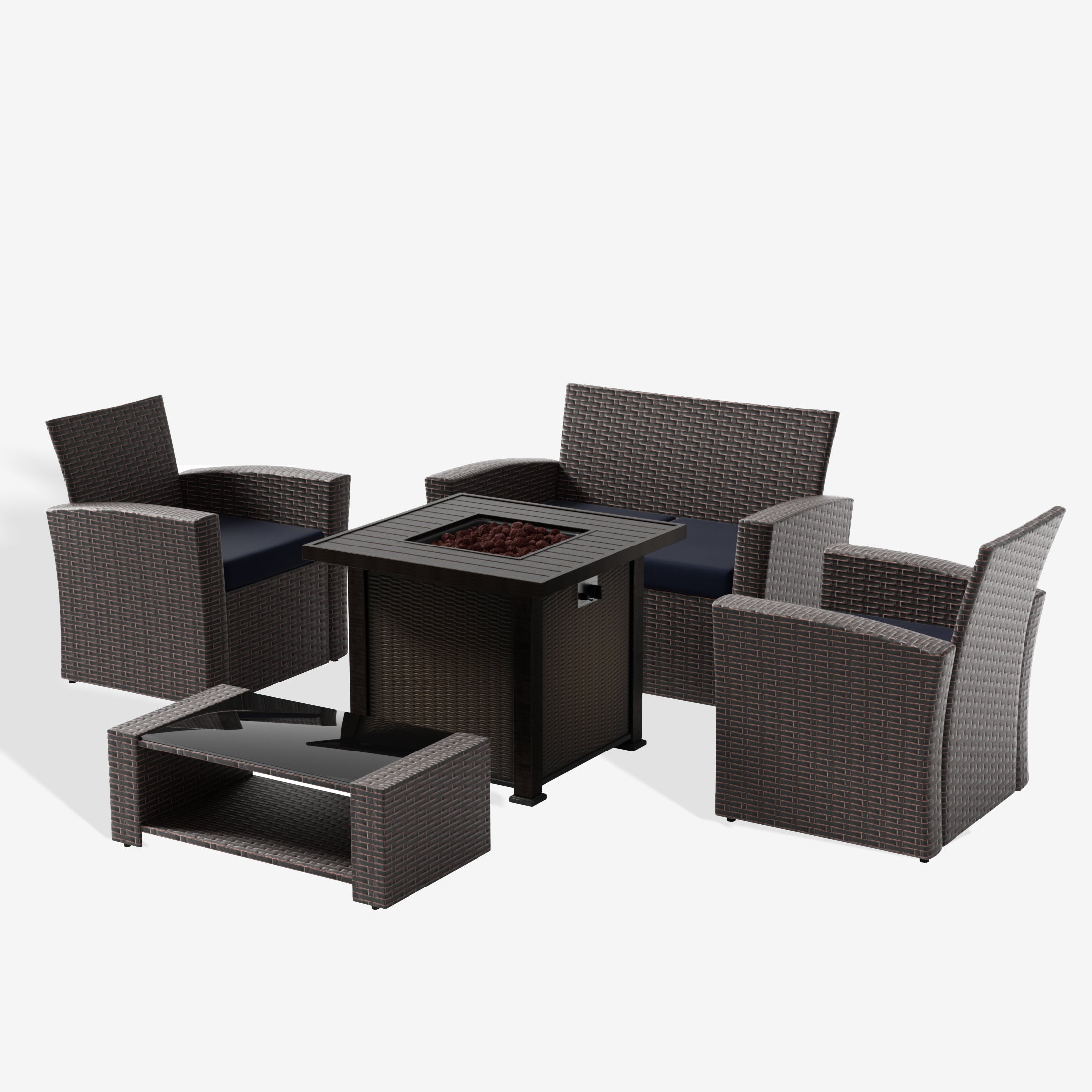 Wynston 4-Piece Conversation Outdoor Patio Sofa Set with Square Fire Pit Table, Chocolate