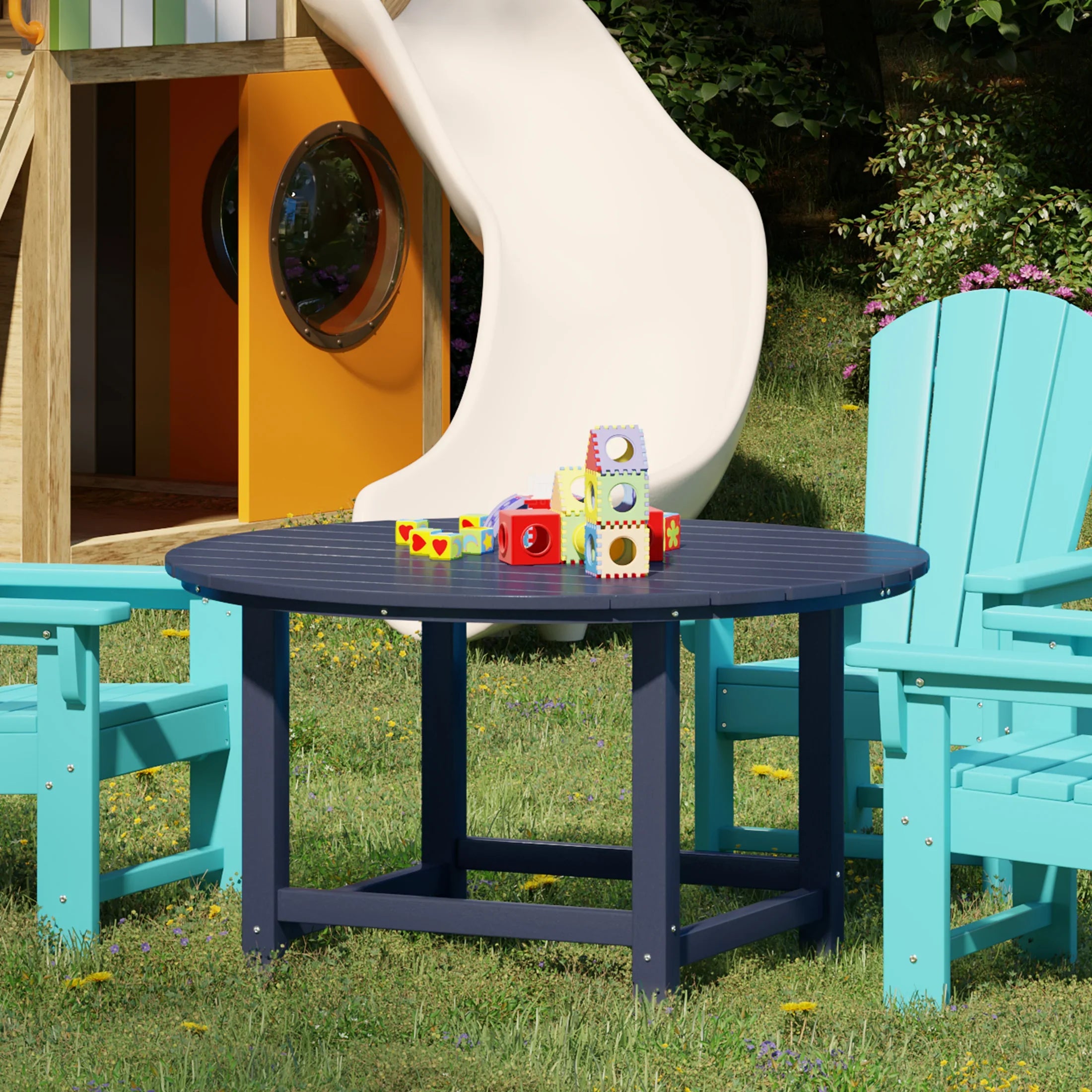 kids patio set with umbrella Paradise Kids Outdoor Patio Furniture HDPE 38" Wide Round Dining Table