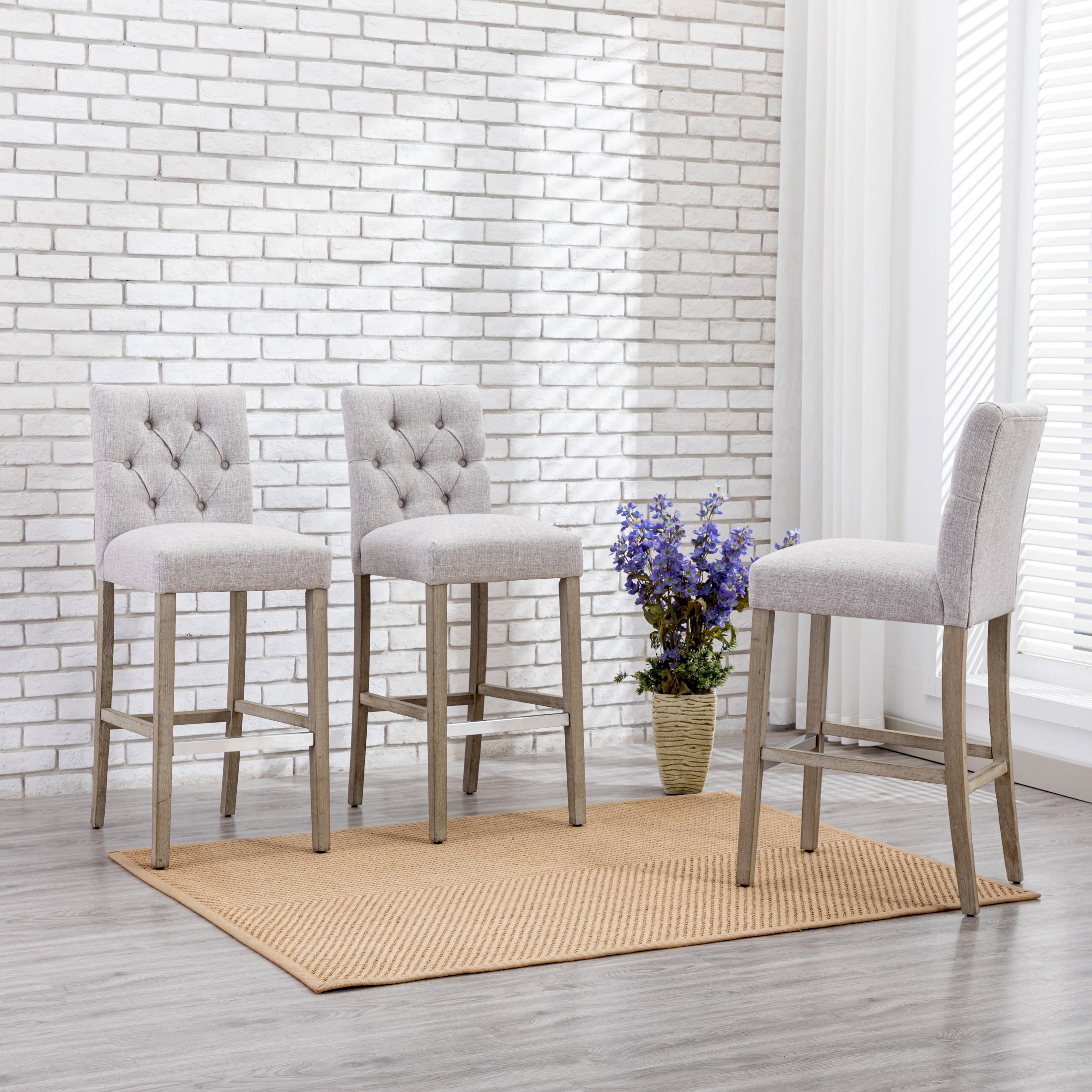 Bellmount 29" Upholstered Wood Bar Stool with Tufted Back (Set of 3)