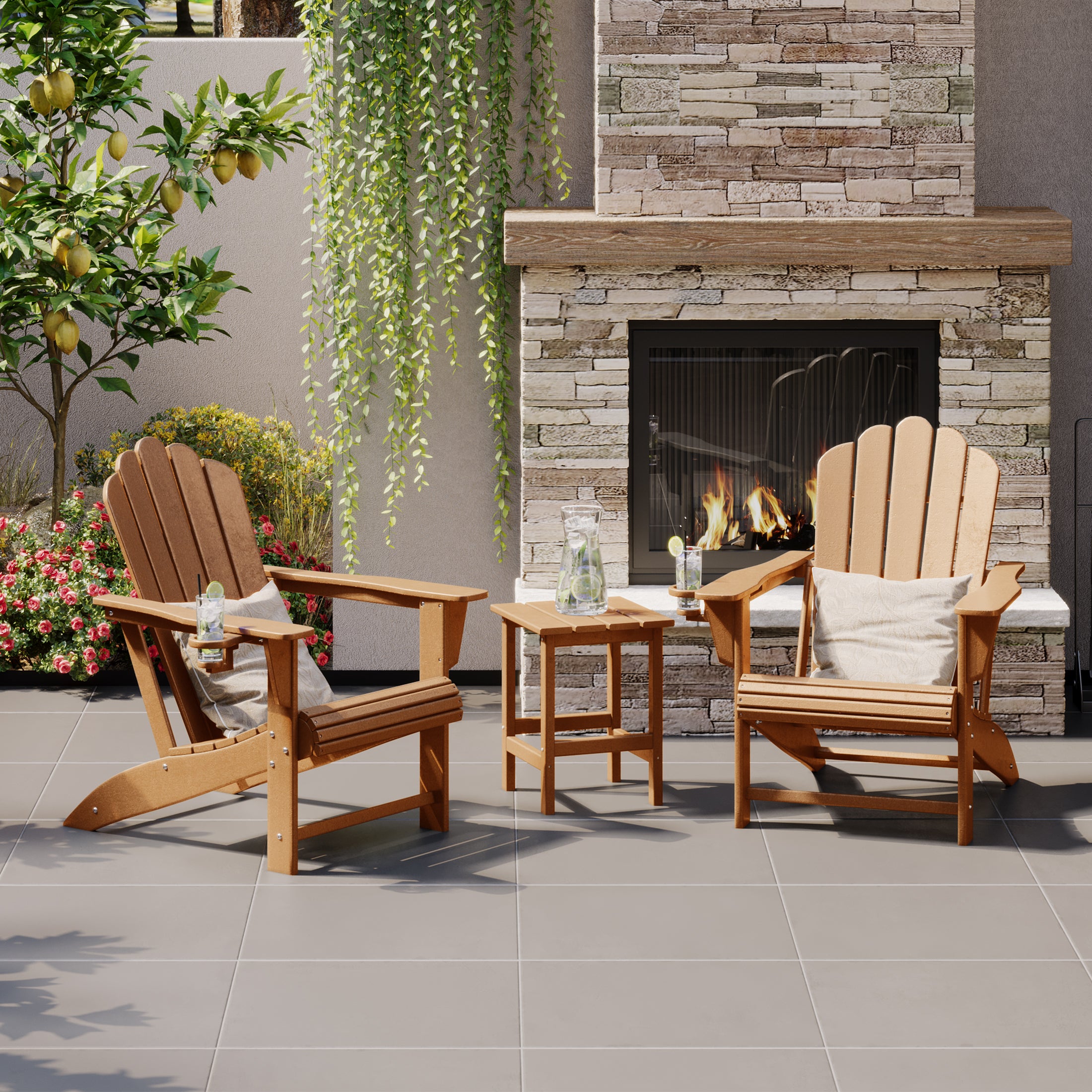 Lakeview 3-Piece Outdoor Patio HDPE Adirondack Chair With Cup Holder a