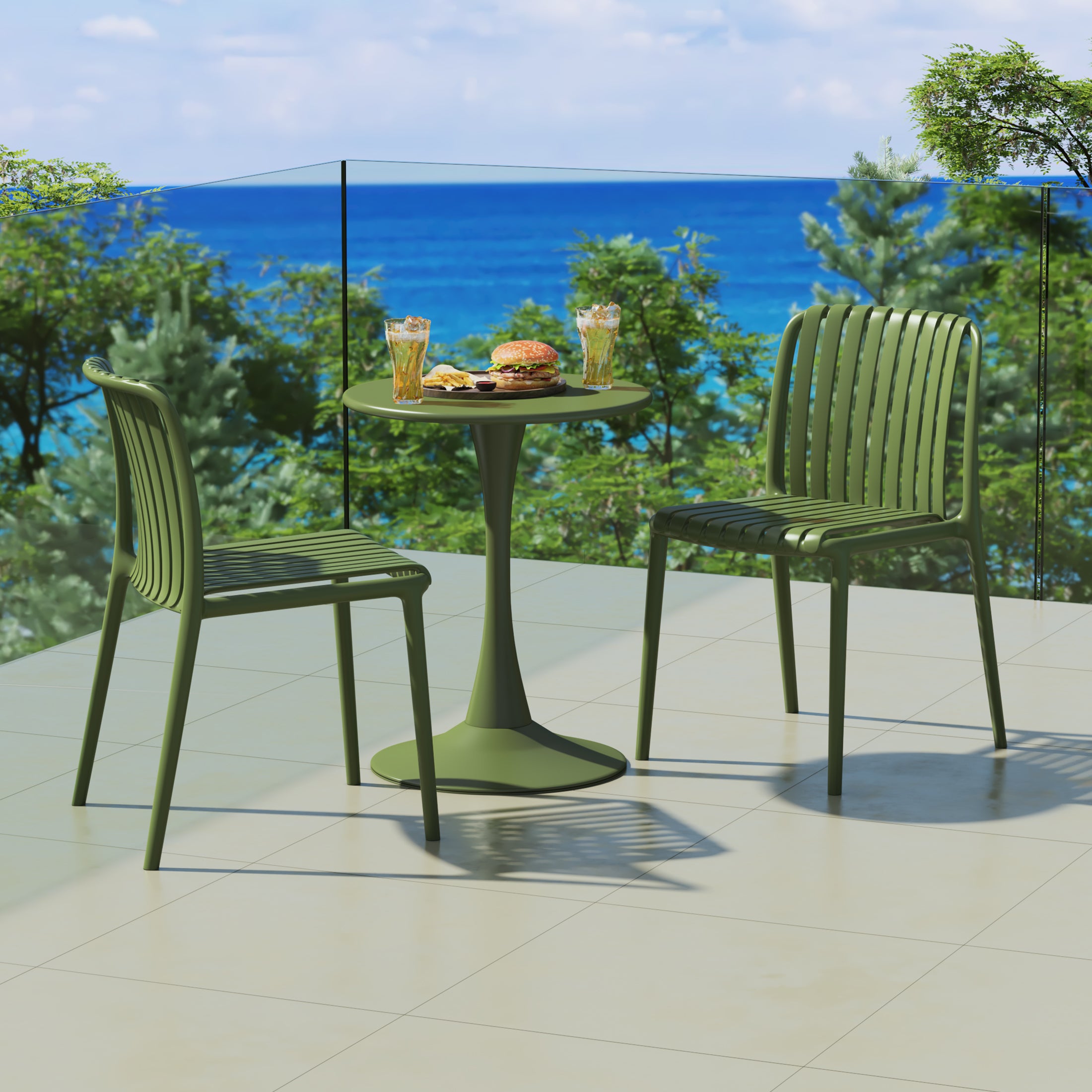 Sunshine 3-Piece Outdoor Metal Dining Table Set And Stackable Resin Patio Chairs